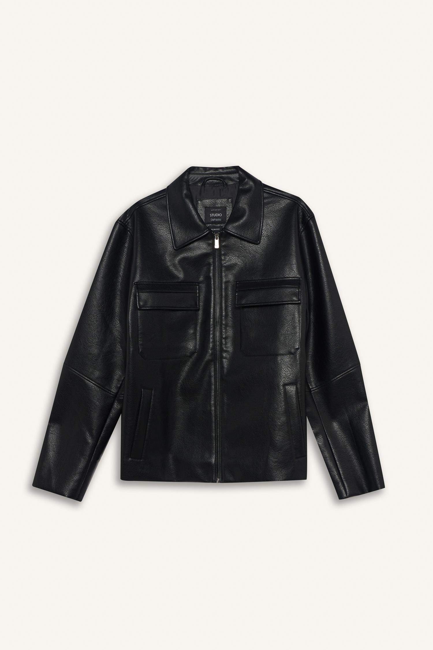 Su İtici Slim Fit Dar Kesim Polo Yaka İç Cepli Fermuarlı Rüzgar Geçirmez Suni Deri Mevsimlik Mont