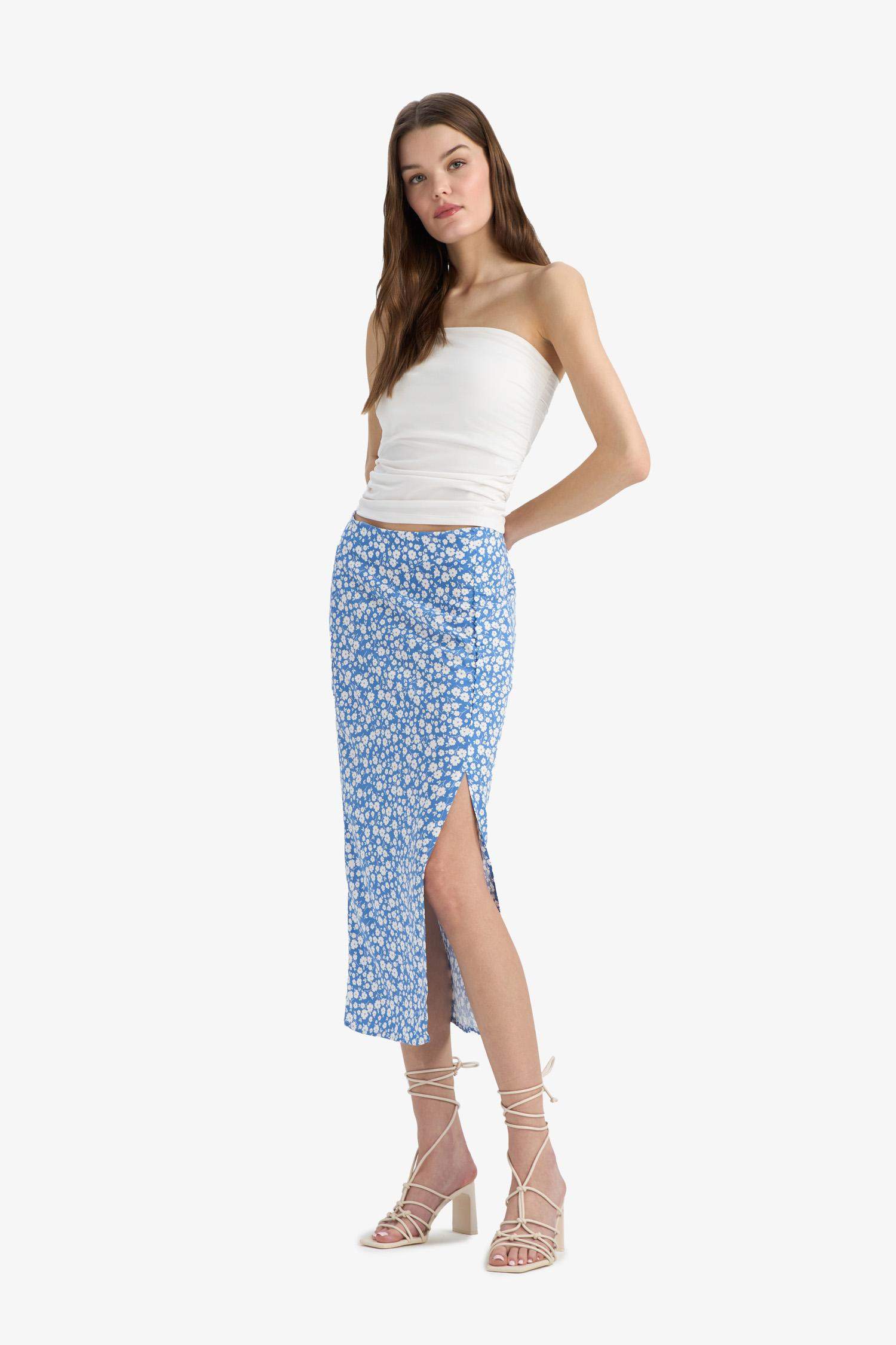 A Kesim Çiçek Desenli Yüksek Bel Yırtmaçlı Midi Etek