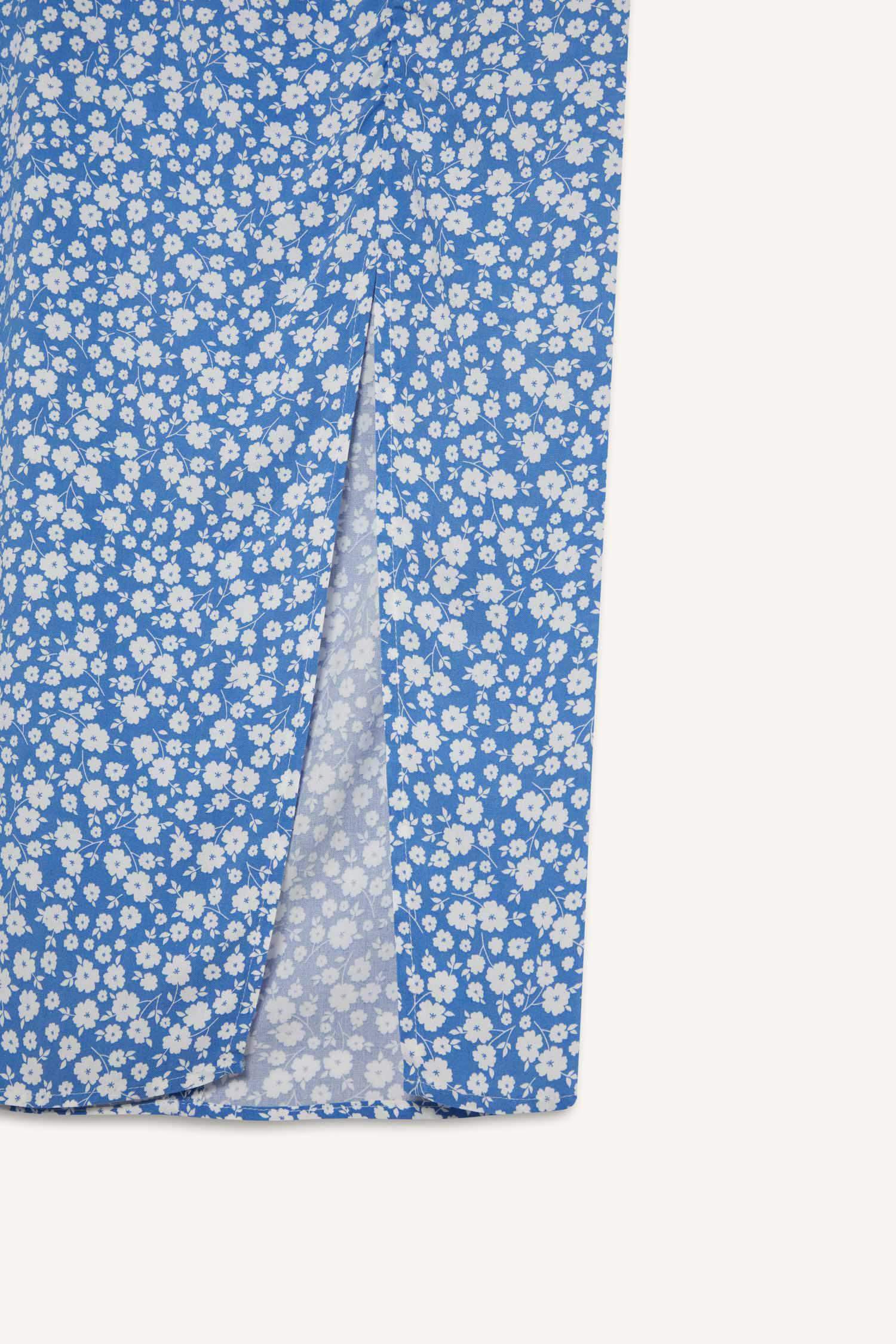 A Kesim Çiçek Desenli Yüksek Bel Yırtmaçlı Midi Etek