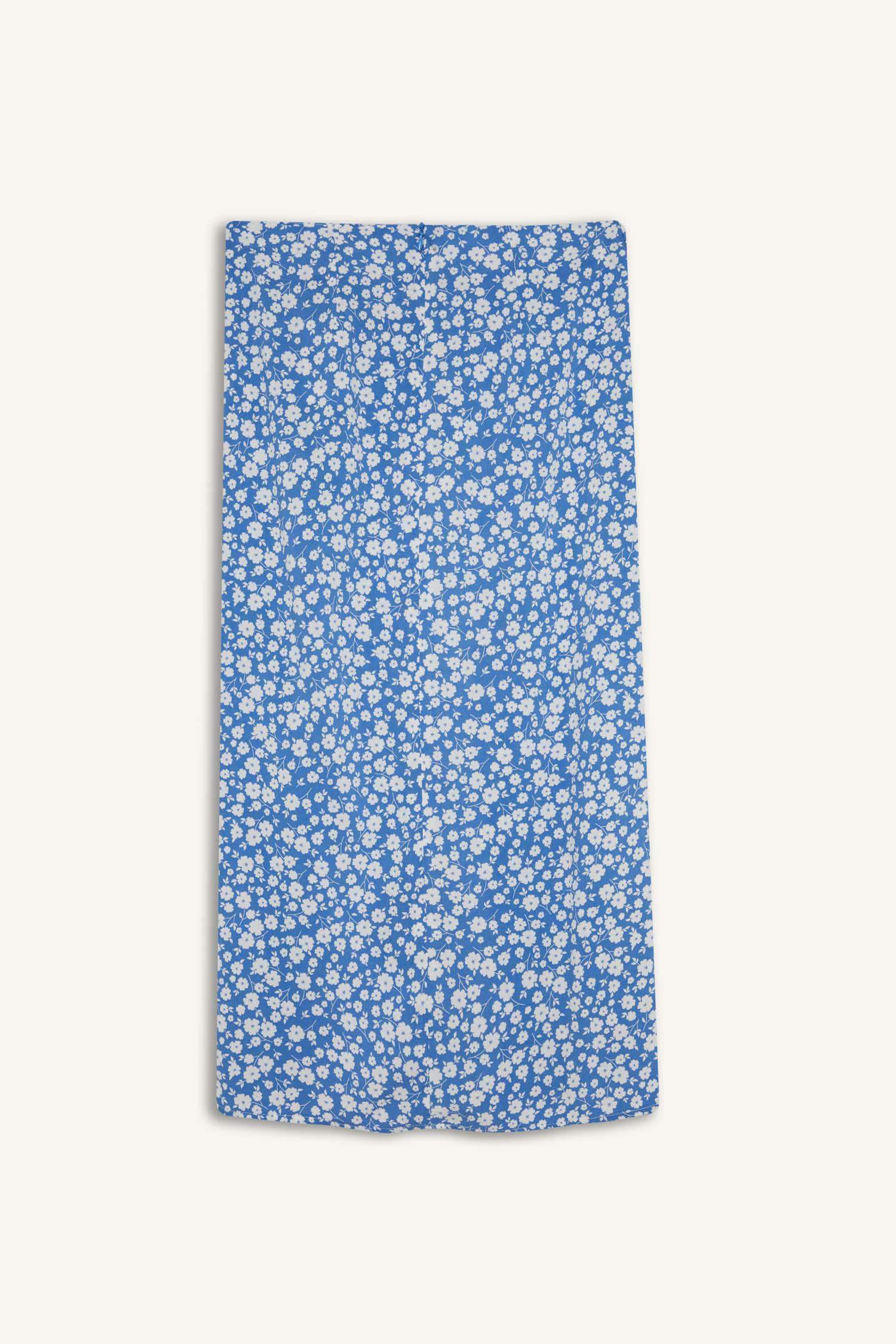 A Kesim Çiçek Desenli Yüksek Bel Yırtmaçlı Midi Etek