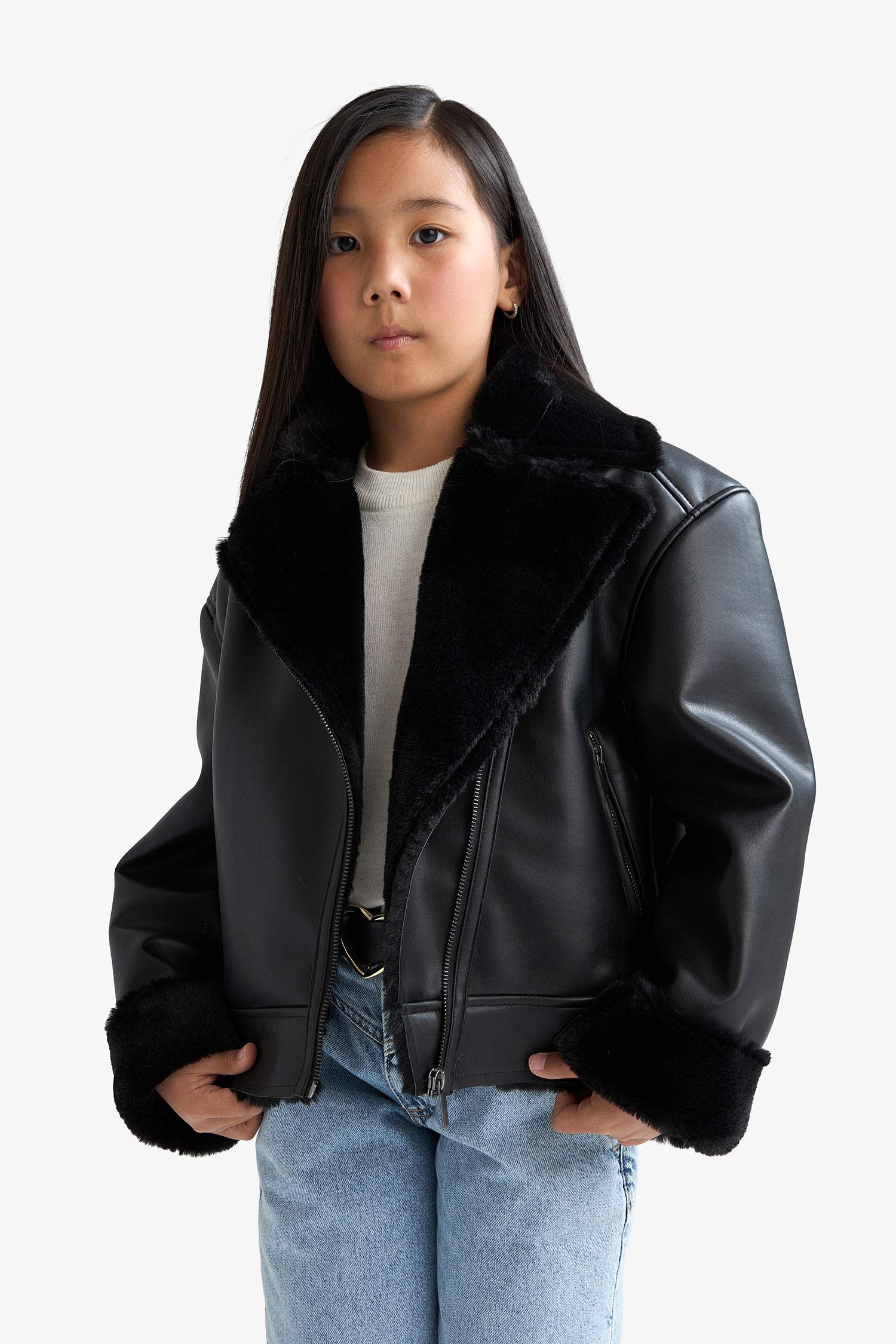 Kız Çocuk Ceket Yaka Suni Kürk Astarlı Mont