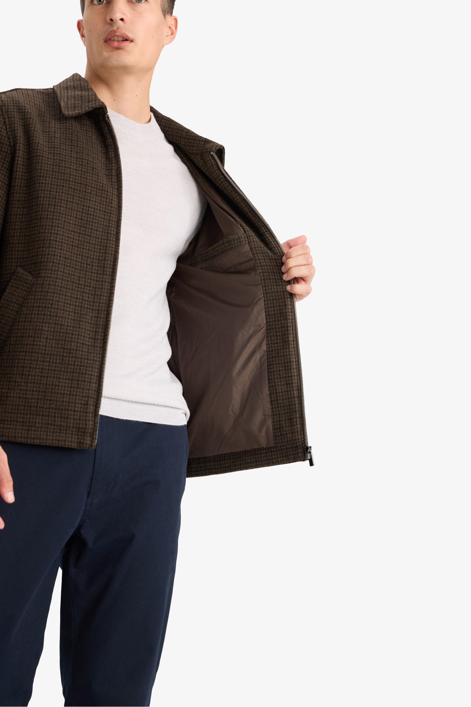 Slim Fit Dar Kesim Polo Yaka Cepli Astarlı Fermuarlı Mont