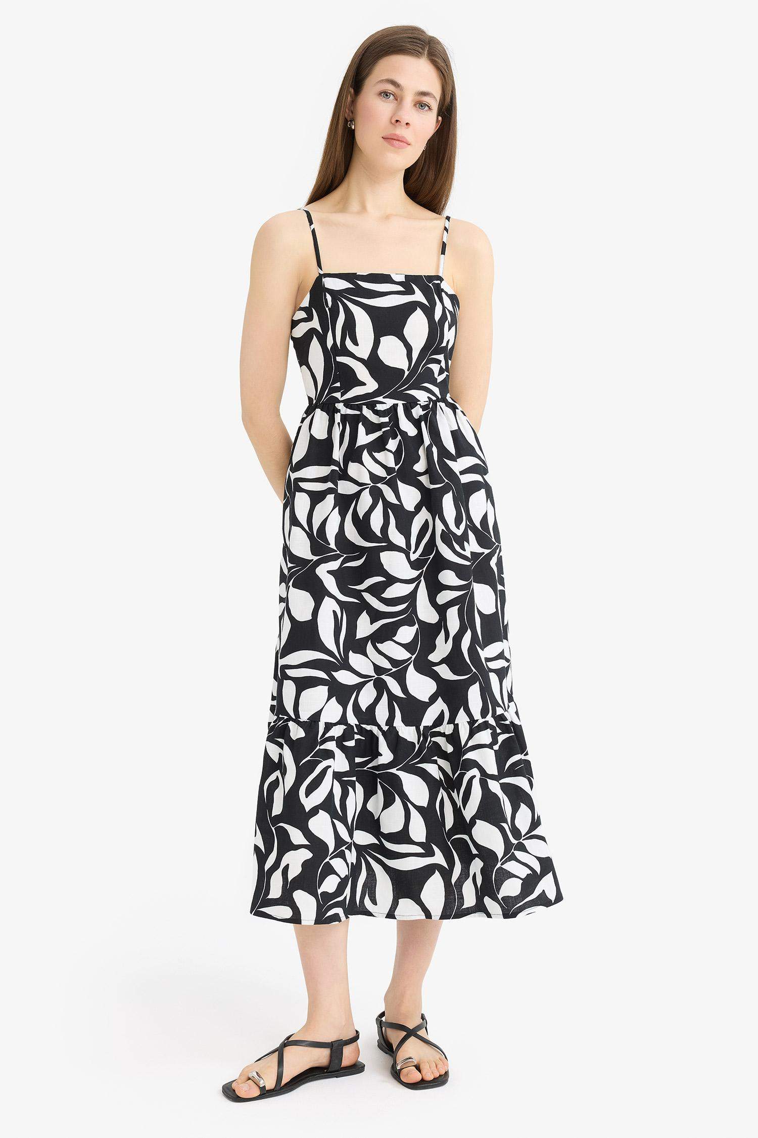 Çiçek Desenli Keten Görünümlü Askılı Midi Yazlık Elbise