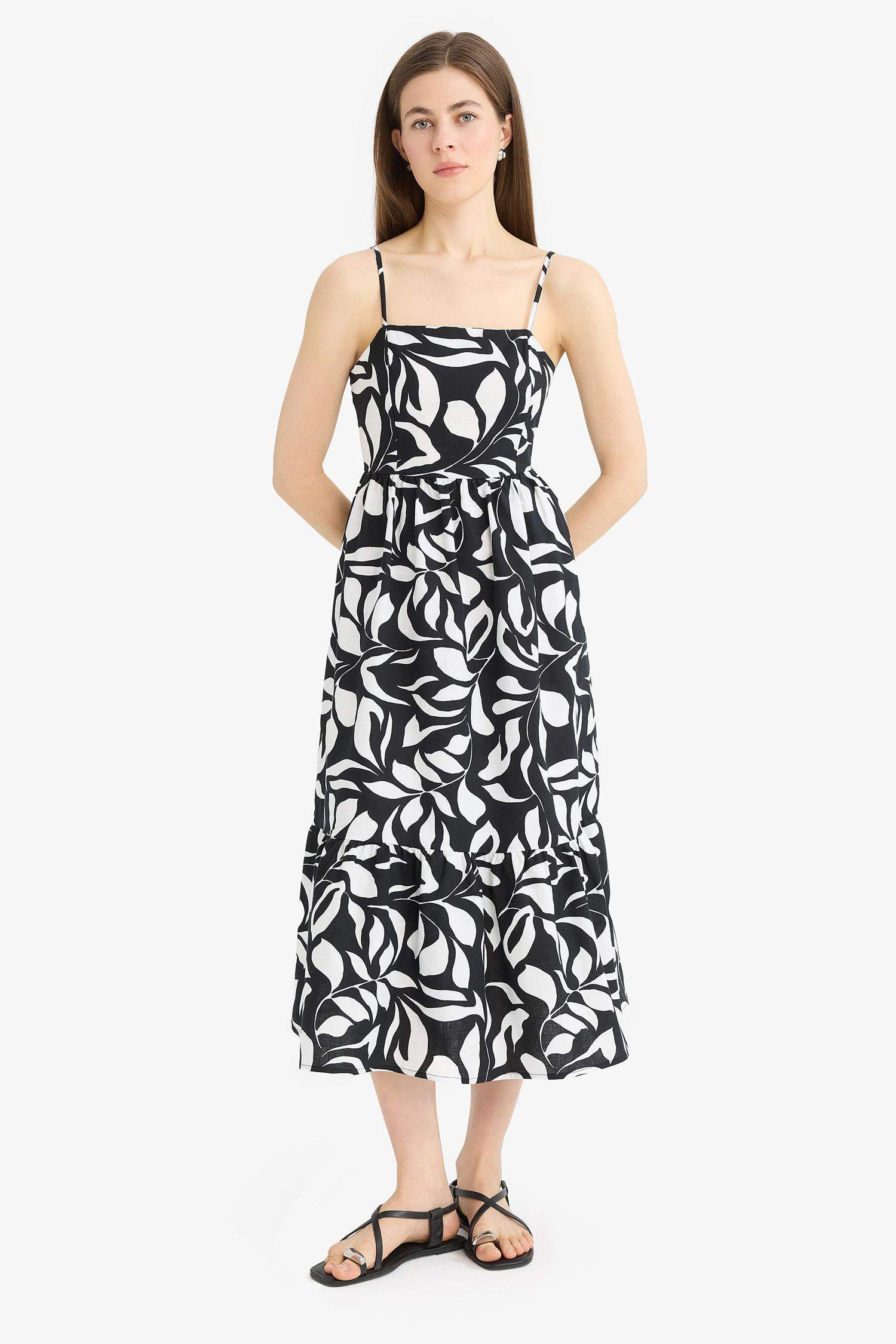 Çiçek Desenli Keten Görünümlü Askılı Midi Yazlık Elbise