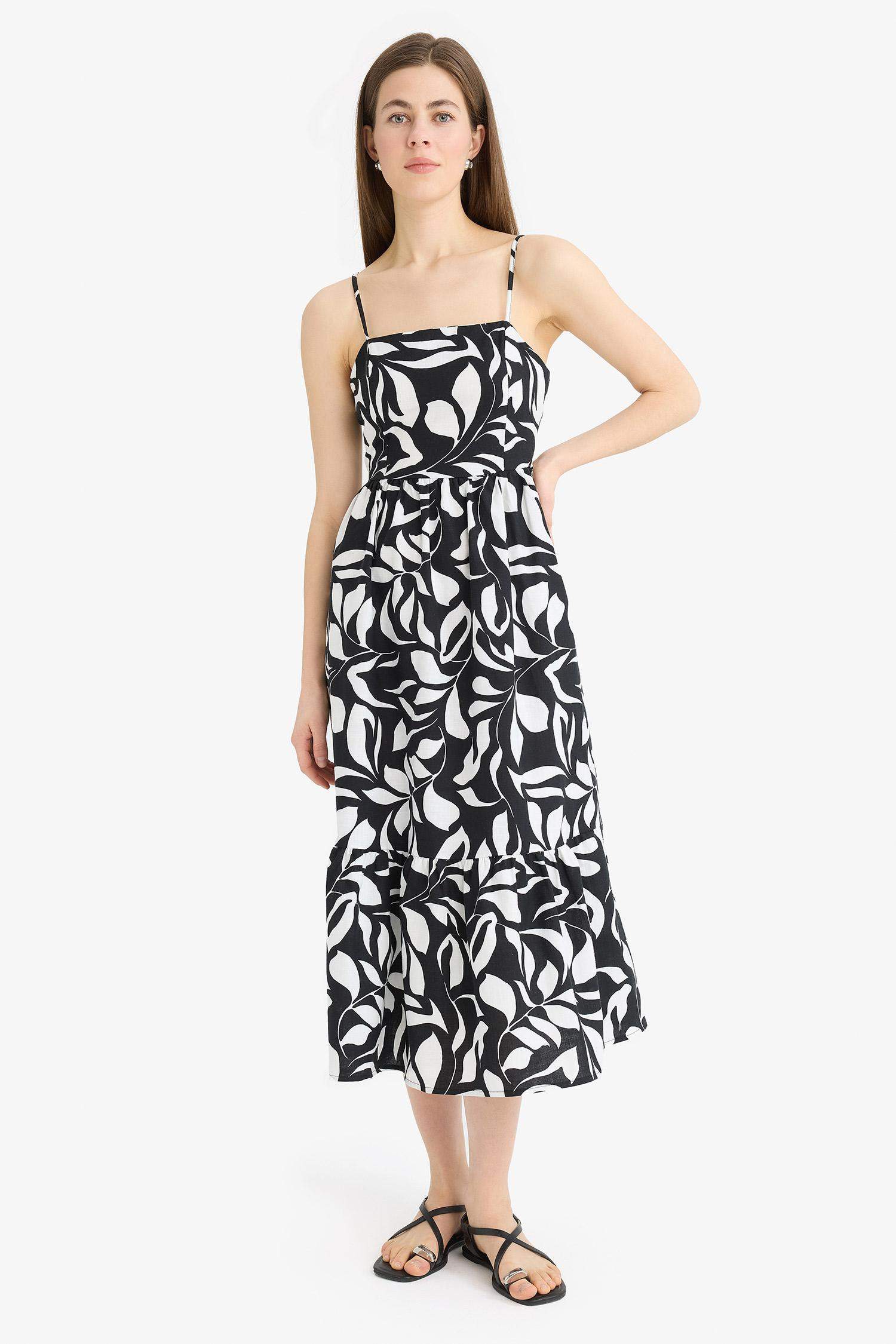 Çiçek Desenli Keten Görünümlü Askılı Midi Yazlık Elbise