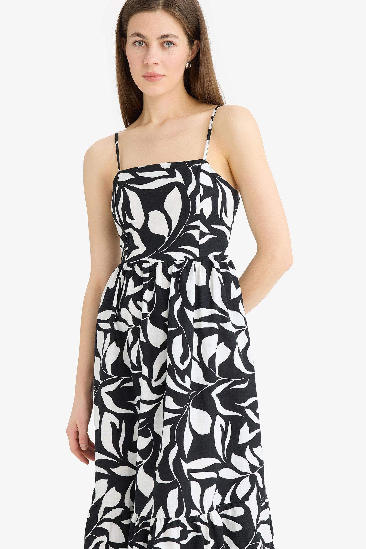 Çiçek Desenli Keten Görünümlü Askılı Midi Yazlık Elbise