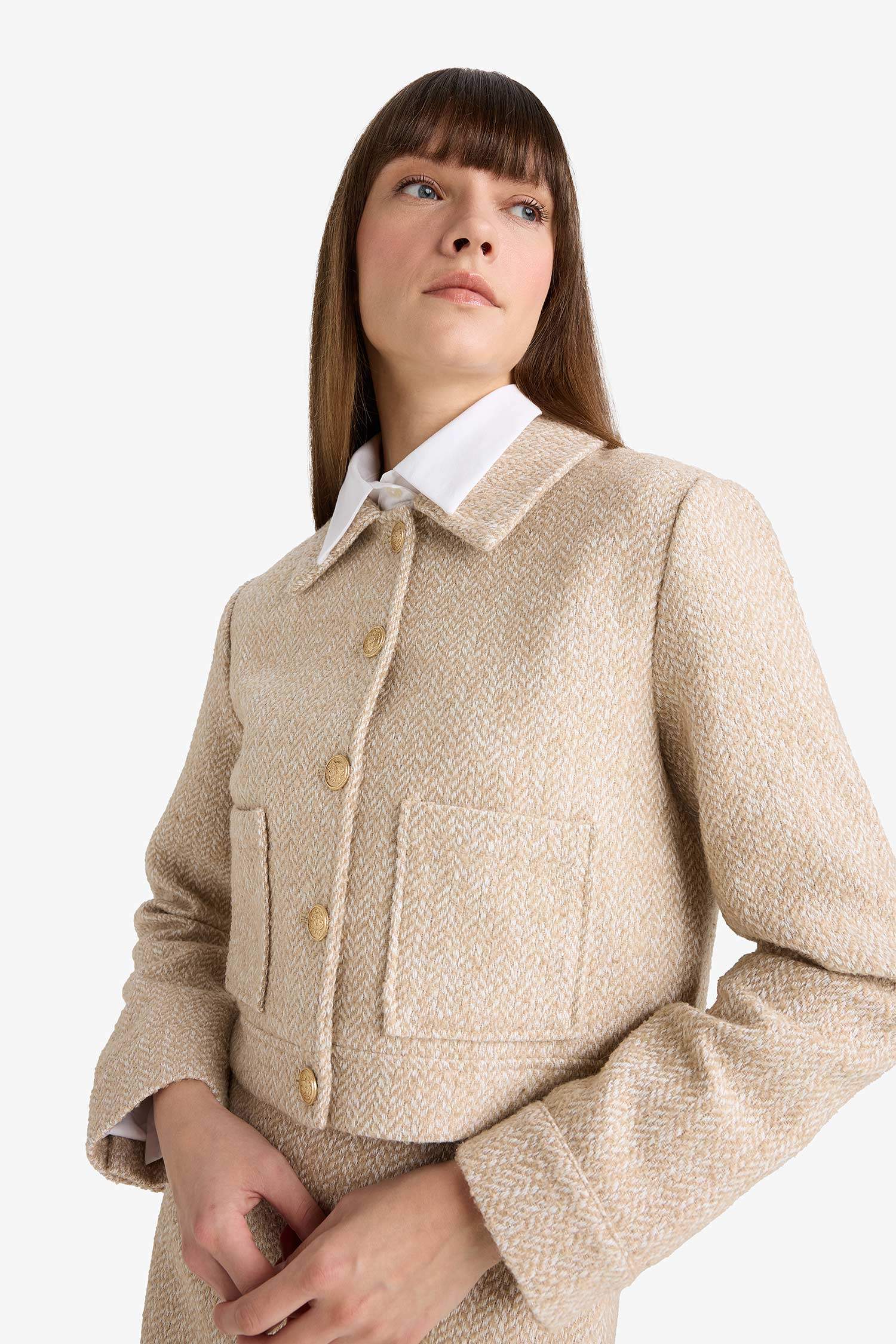 سترة بليزر كروب فيت تويد بياخة مستديرة