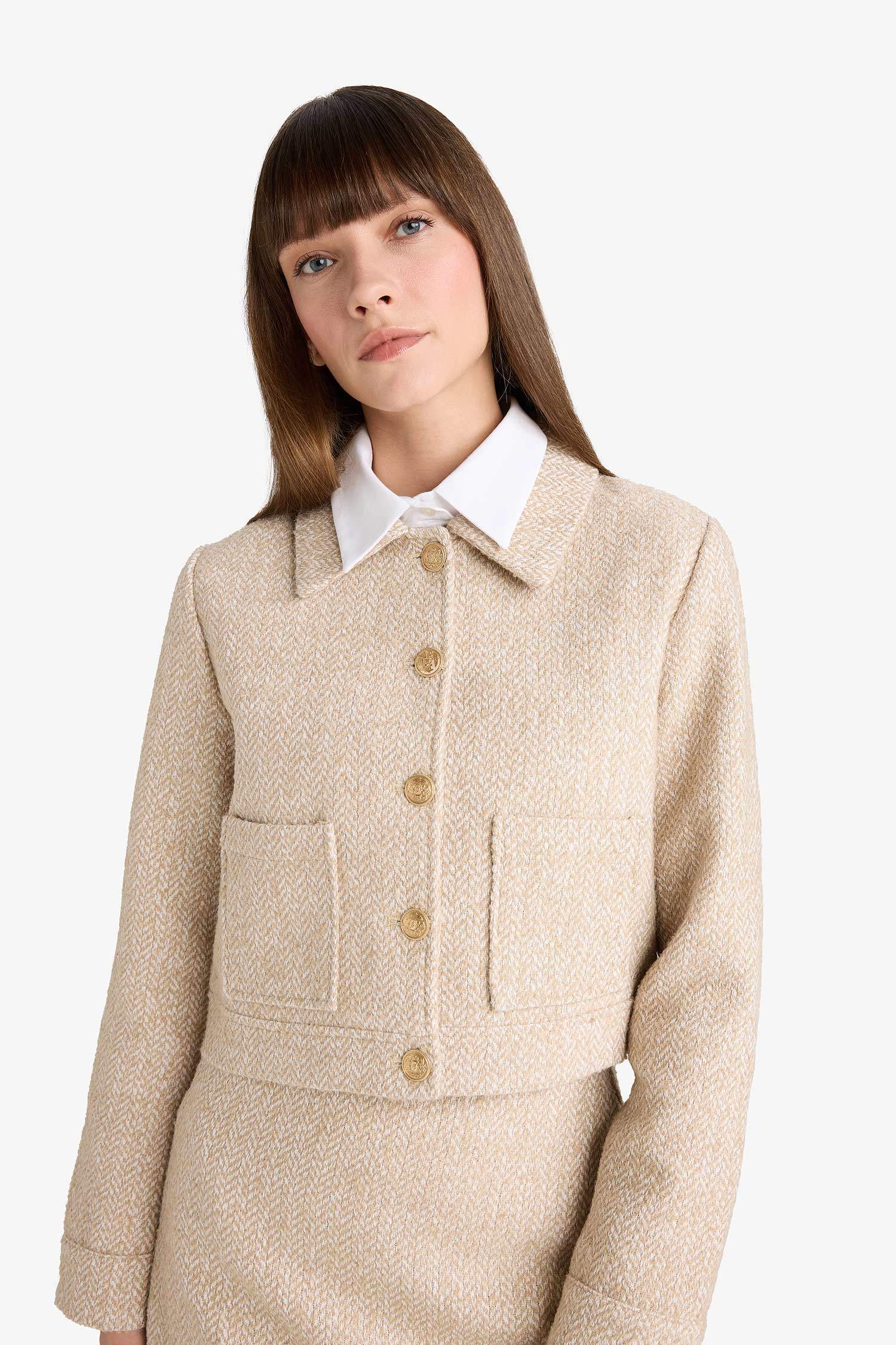 سترة بليزر كروب فيت تويد بياخة مستديرة