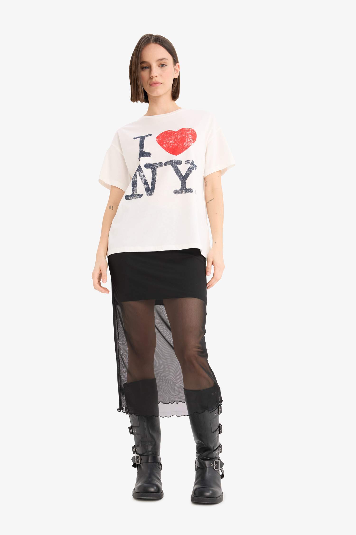 Coool I Love NY Oversize Geniş Kalıp Bisiklet Yaka Baskılı Kısa Kollu Tişört