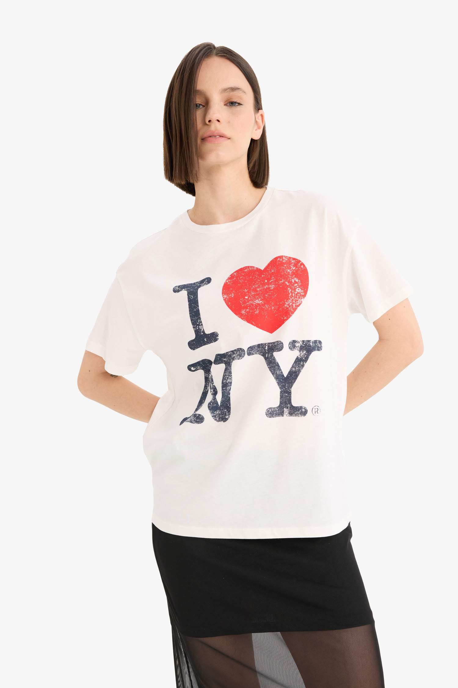 Coool I Love NY Oversize Geniş Kalıp Bisiklet Yaka Baskılı Kısa Kollu Tişört