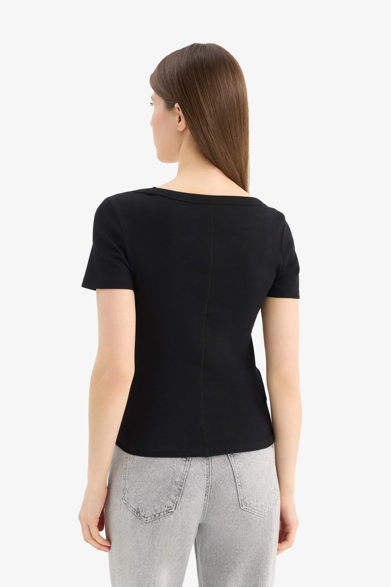 Slim Fit Dar Kesim Bisiklet Yaka Basic Düz Fitilli Kaşkorse Kısa Kollu Siyah Tişört