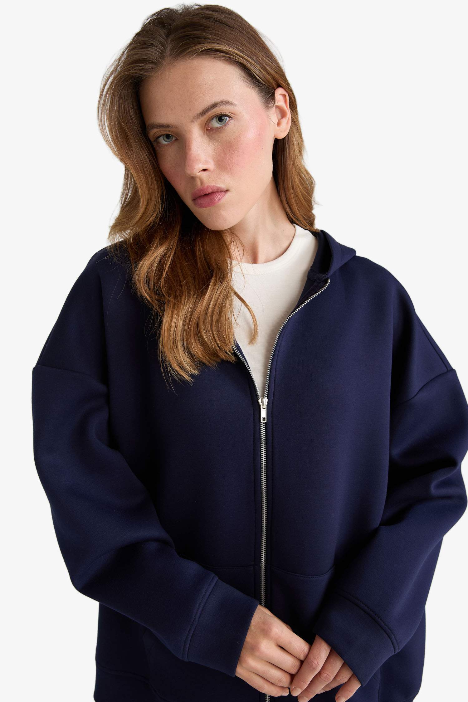 Oversize Fit Hooded Scuba Fabric Cardigan