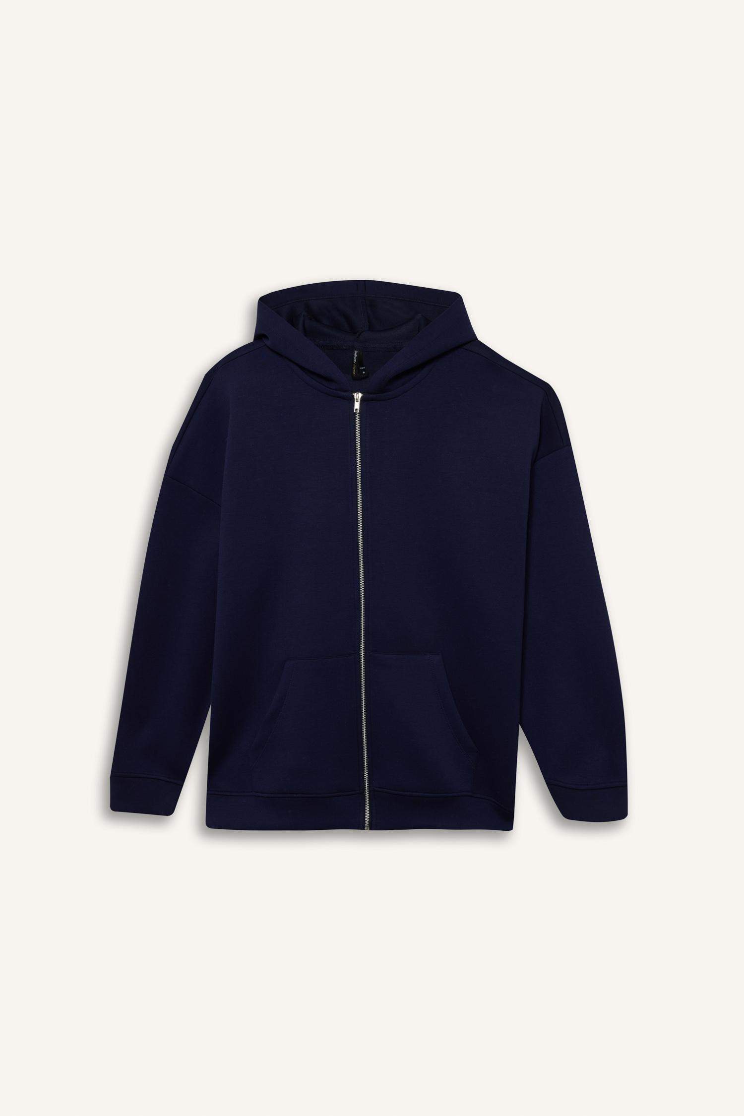 Oversize Fit Hooded Scuba Fabric Cardigan