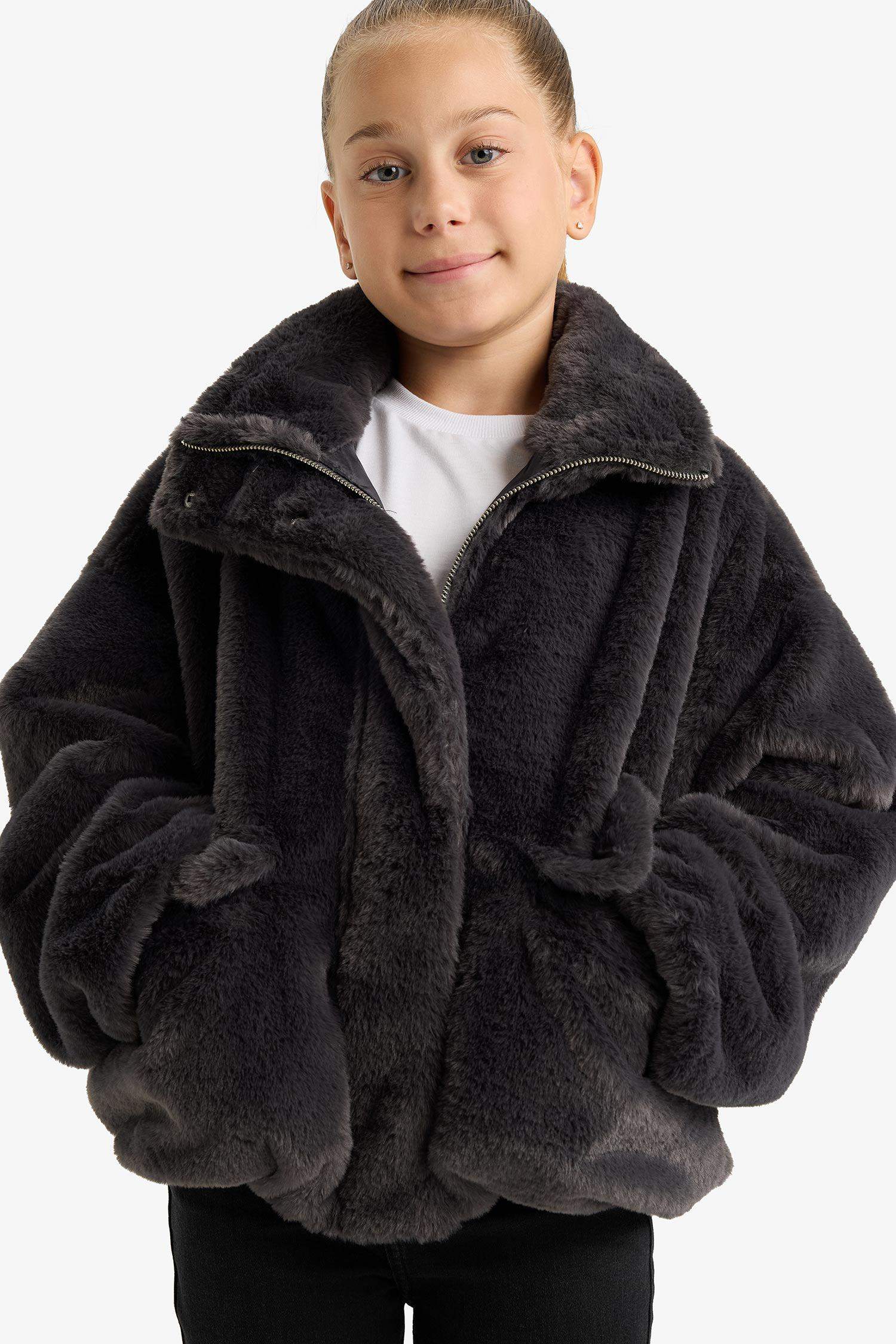 Kız Çocuk Fermuarlı Cepli Pelüş Mont