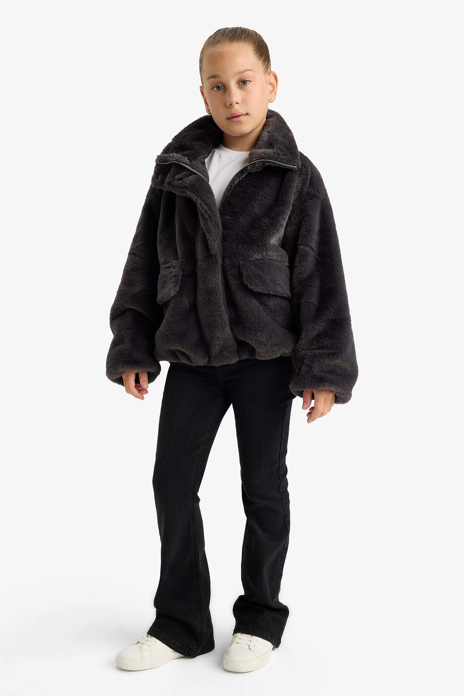 Kız Çocuk Fermuarlı Cepli Pelüş Mont