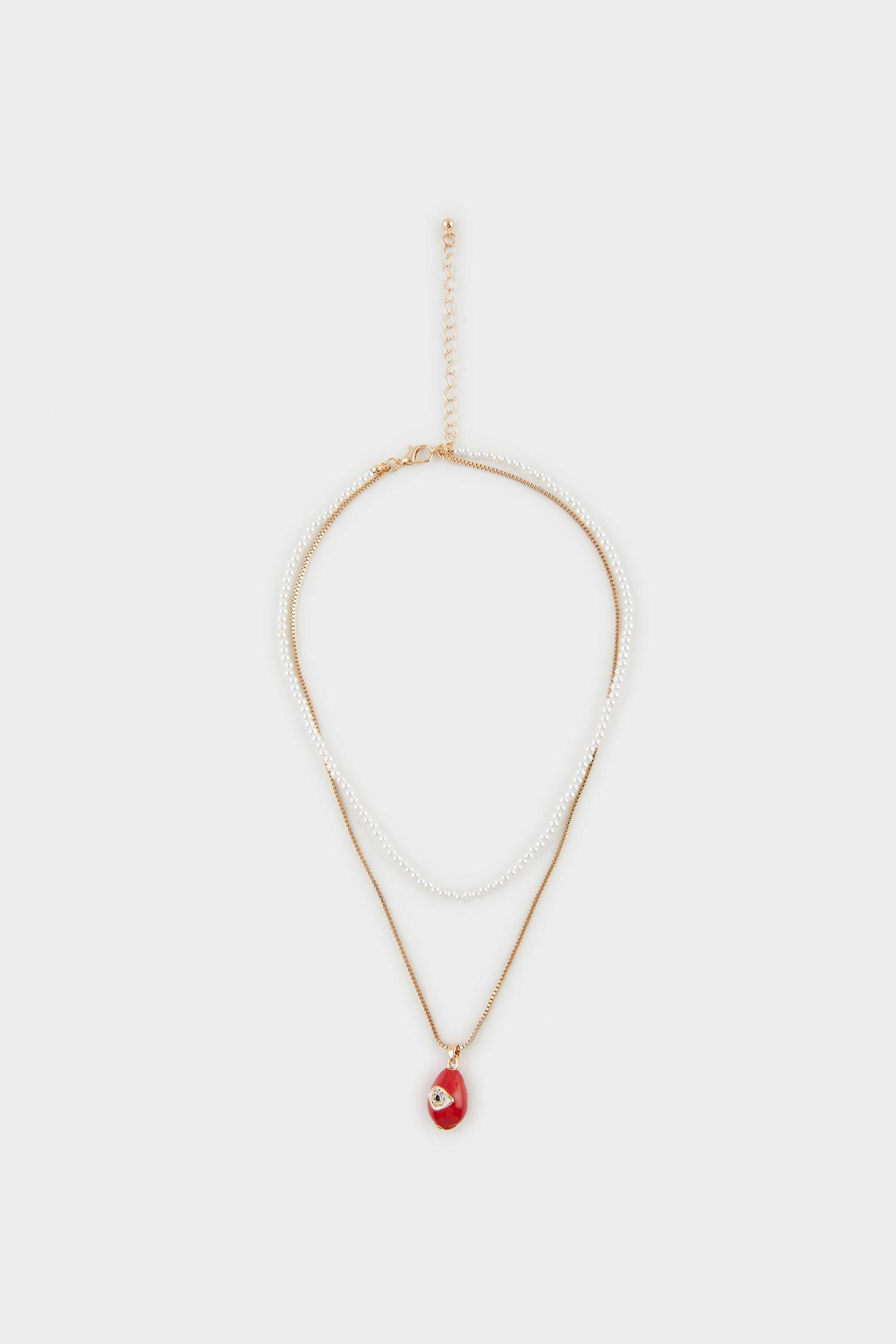 Kadın Kırmızı Taşlı İncili Gold Kolye