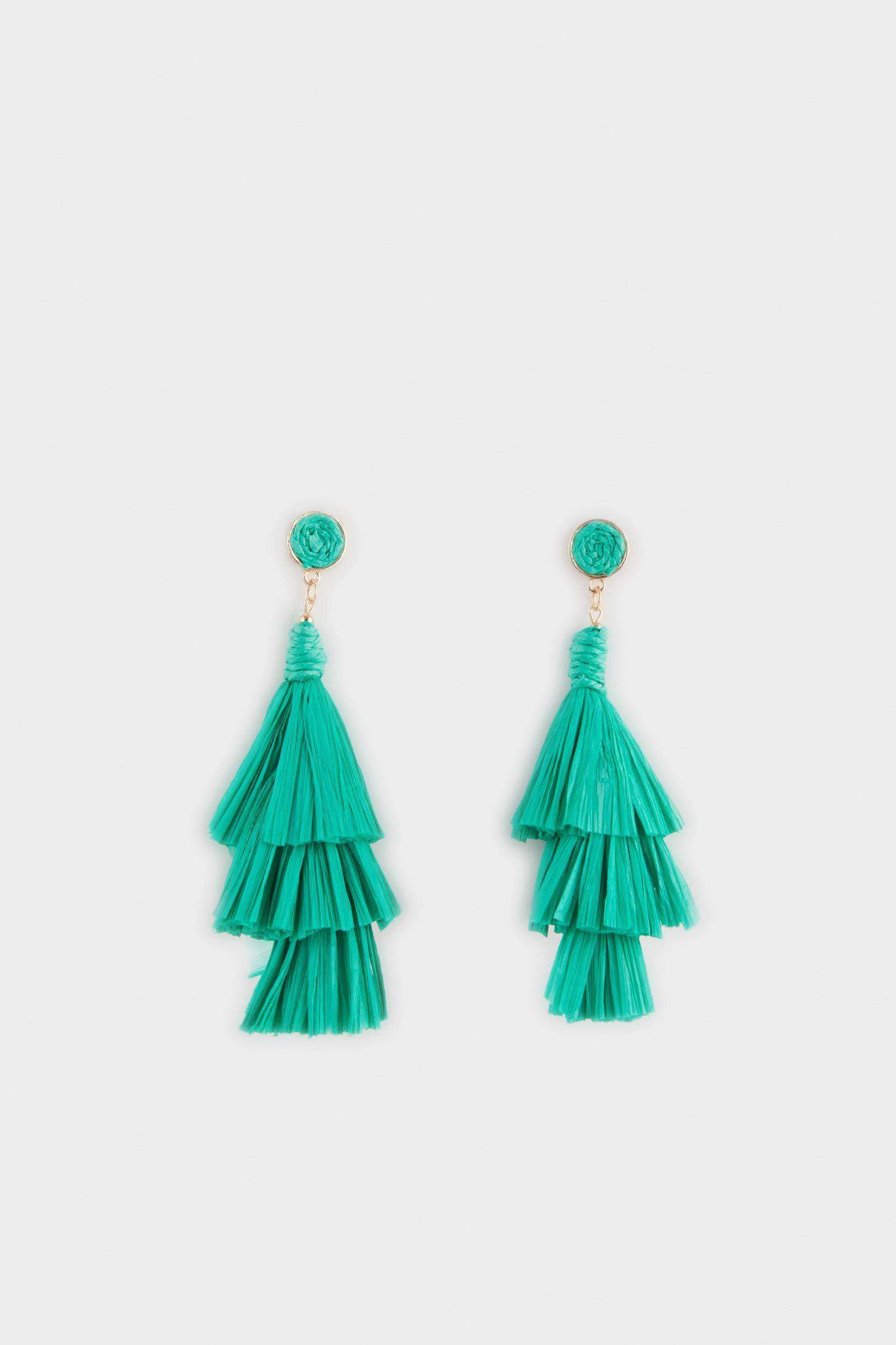Woman Green Straw Detailed Dangling Earrings