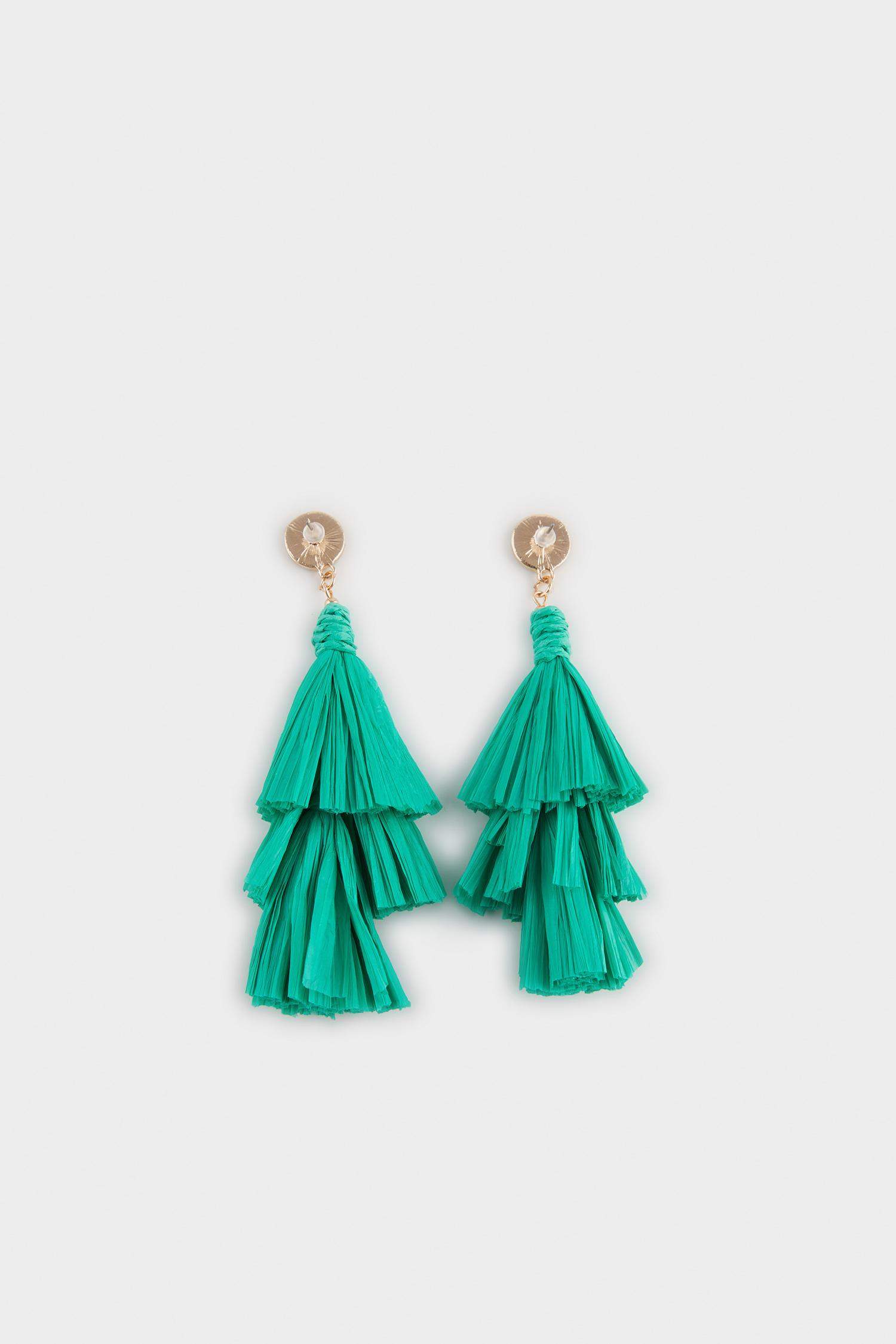 Woman Green Straw Detailed Dangling Earrings