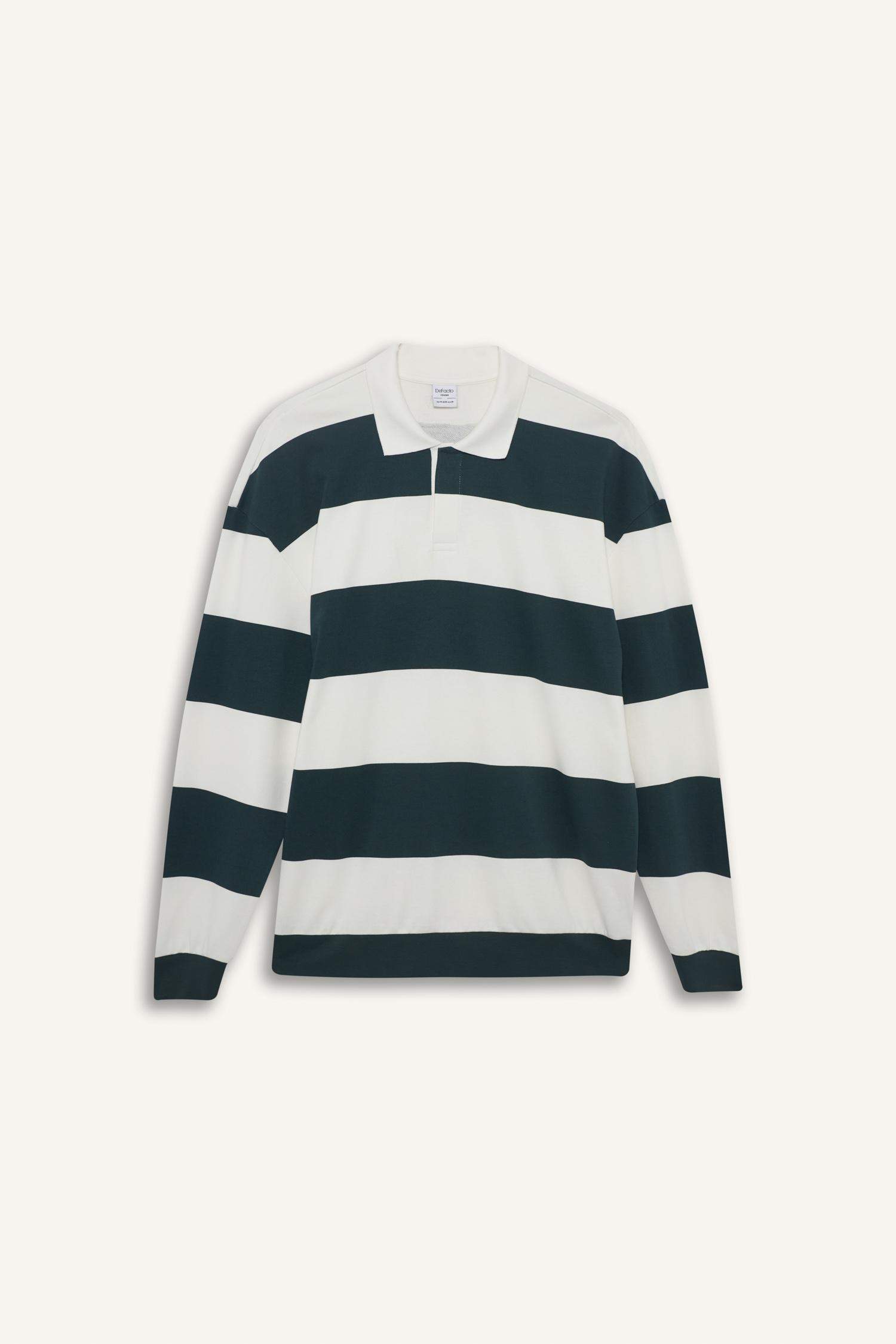 Boxy Fit Rahat Kesim Polo Yaka Düğmeli Çizgili Sweatshirt