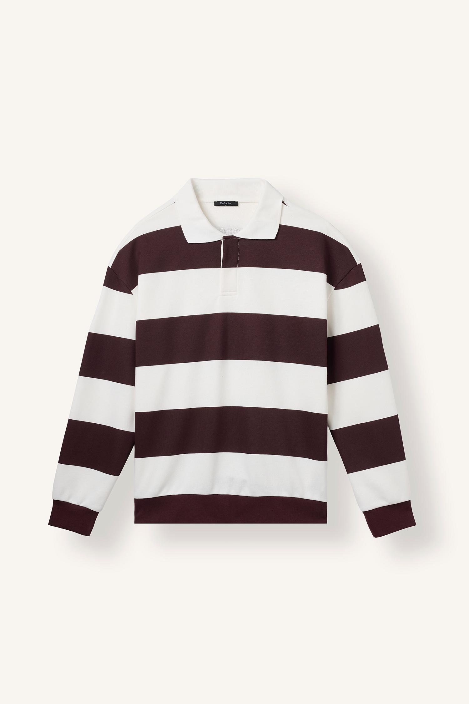 DeFacto Boxy Fit Rahat Kesim Polo Yaka Düğmeli Çizgili Sweatshirt görsel 5