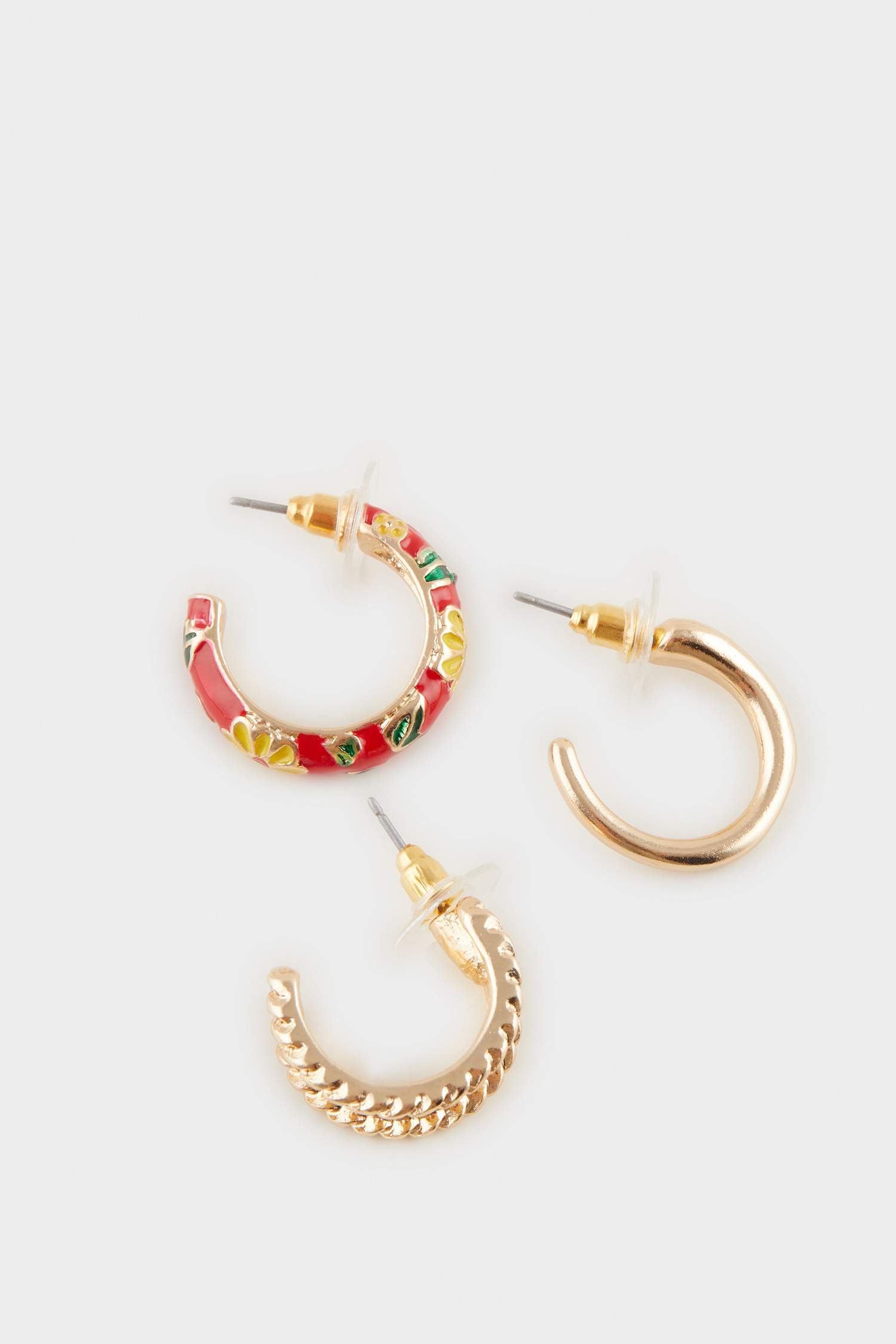 حلق حريمي ذهبي فلورال أحمر - 3 قطع