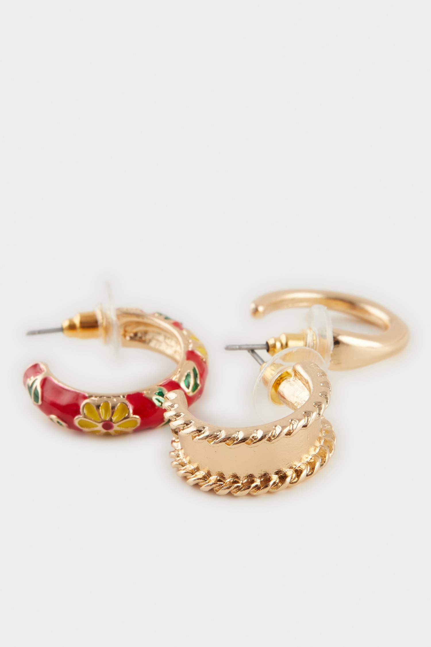 حلق حريمي ذهبي فلورال أحمر - 3 قطع