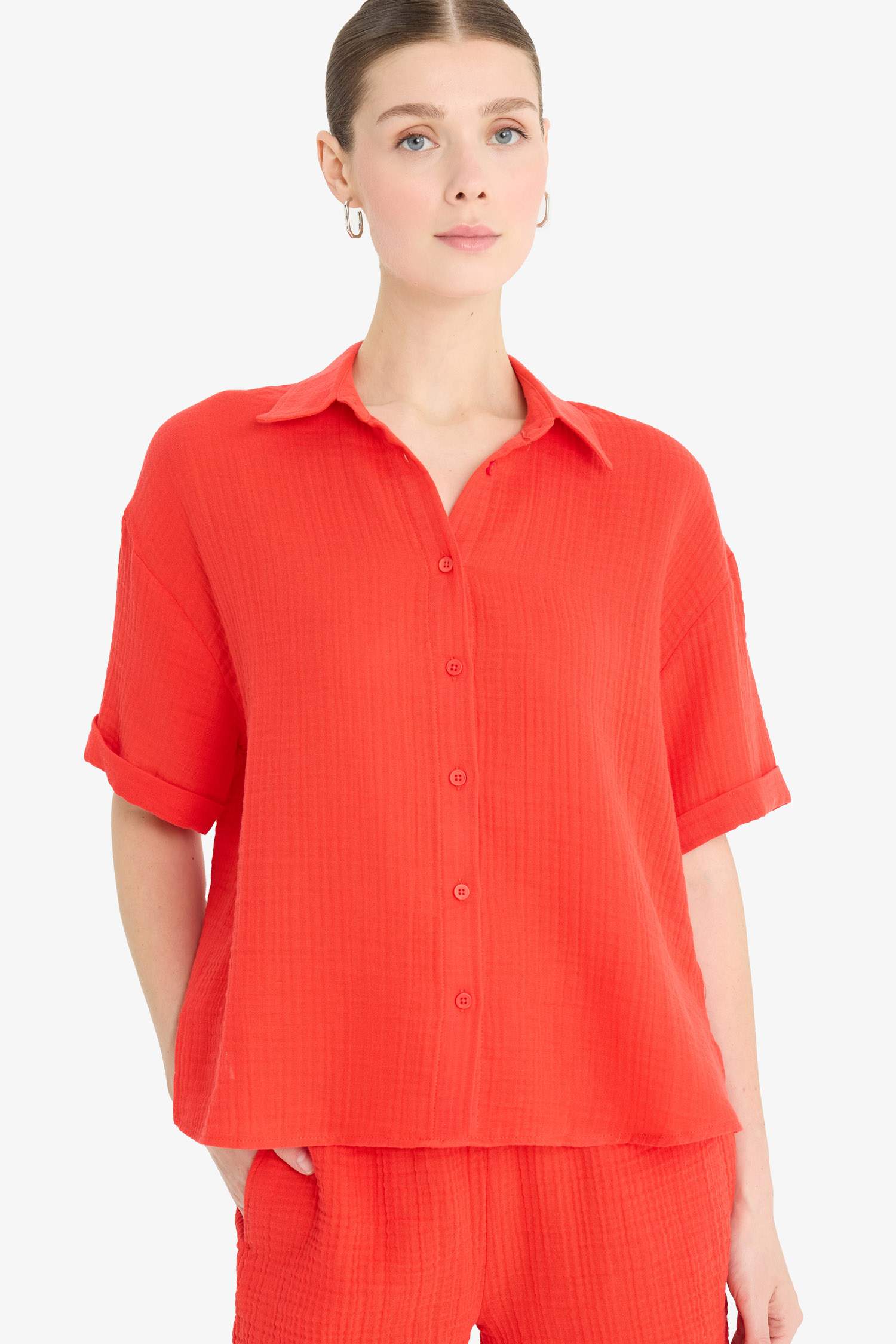 Regular Fit Muslin Long Sleeve Red Shirt