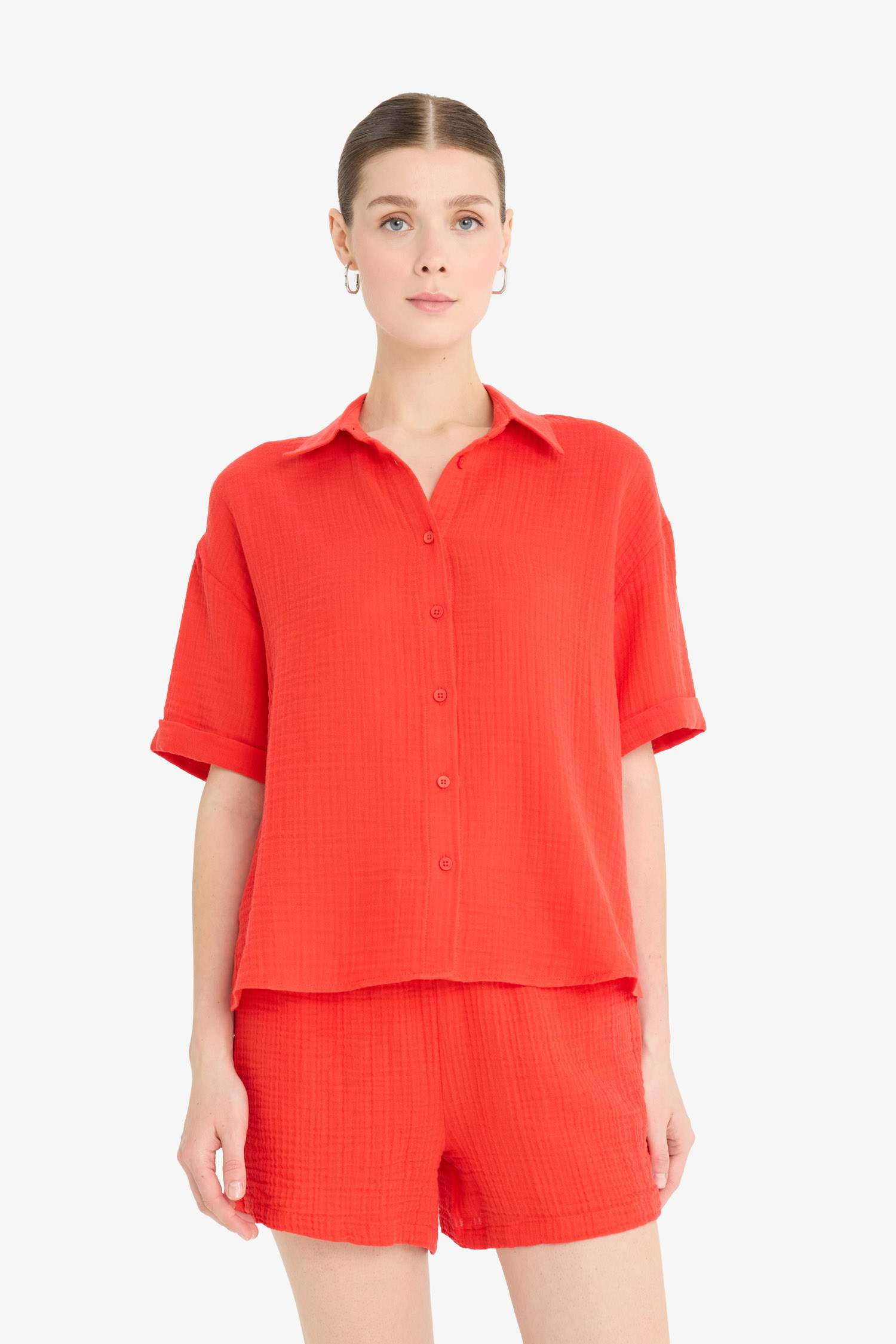 Regular Fit Muslin Long Sleeve Red Shirt