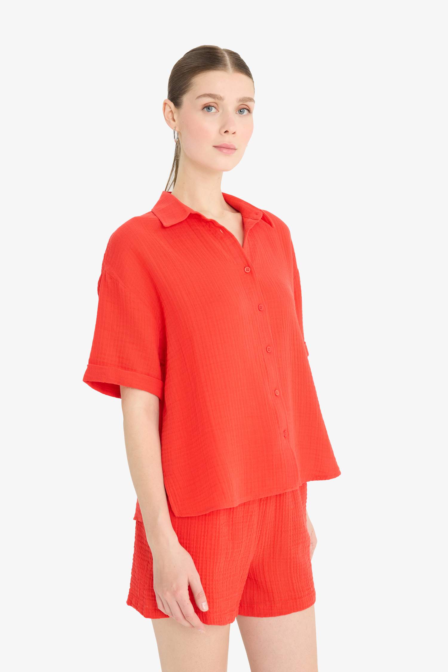 Regular Fit Muslin Long Sleeve Red Shirt