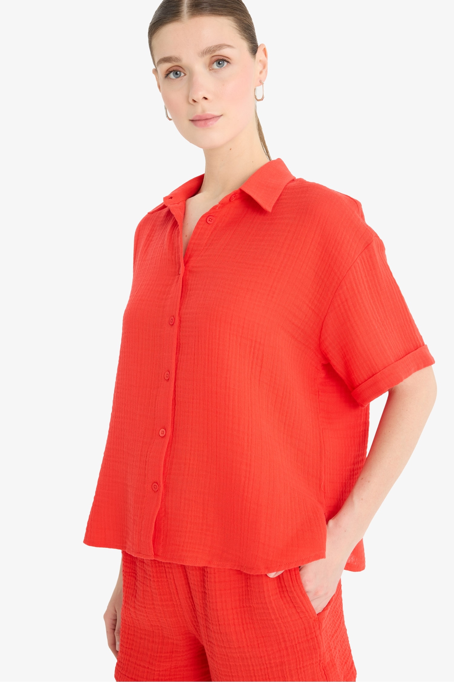 Regular Fit Muslin Long Sleeve Red Shirt