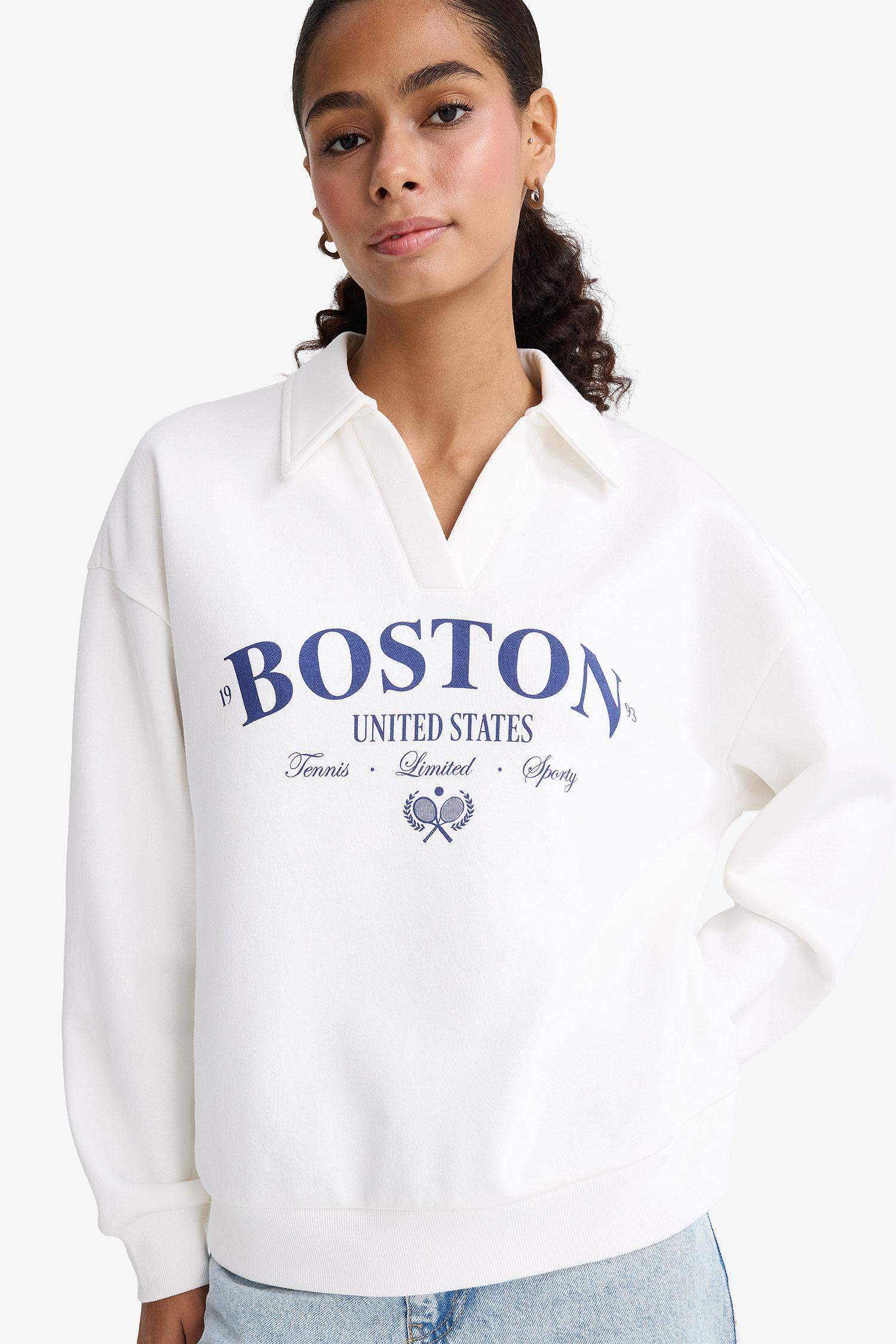 سويت شيرت تقيل قصة مريحة بياقة بولو