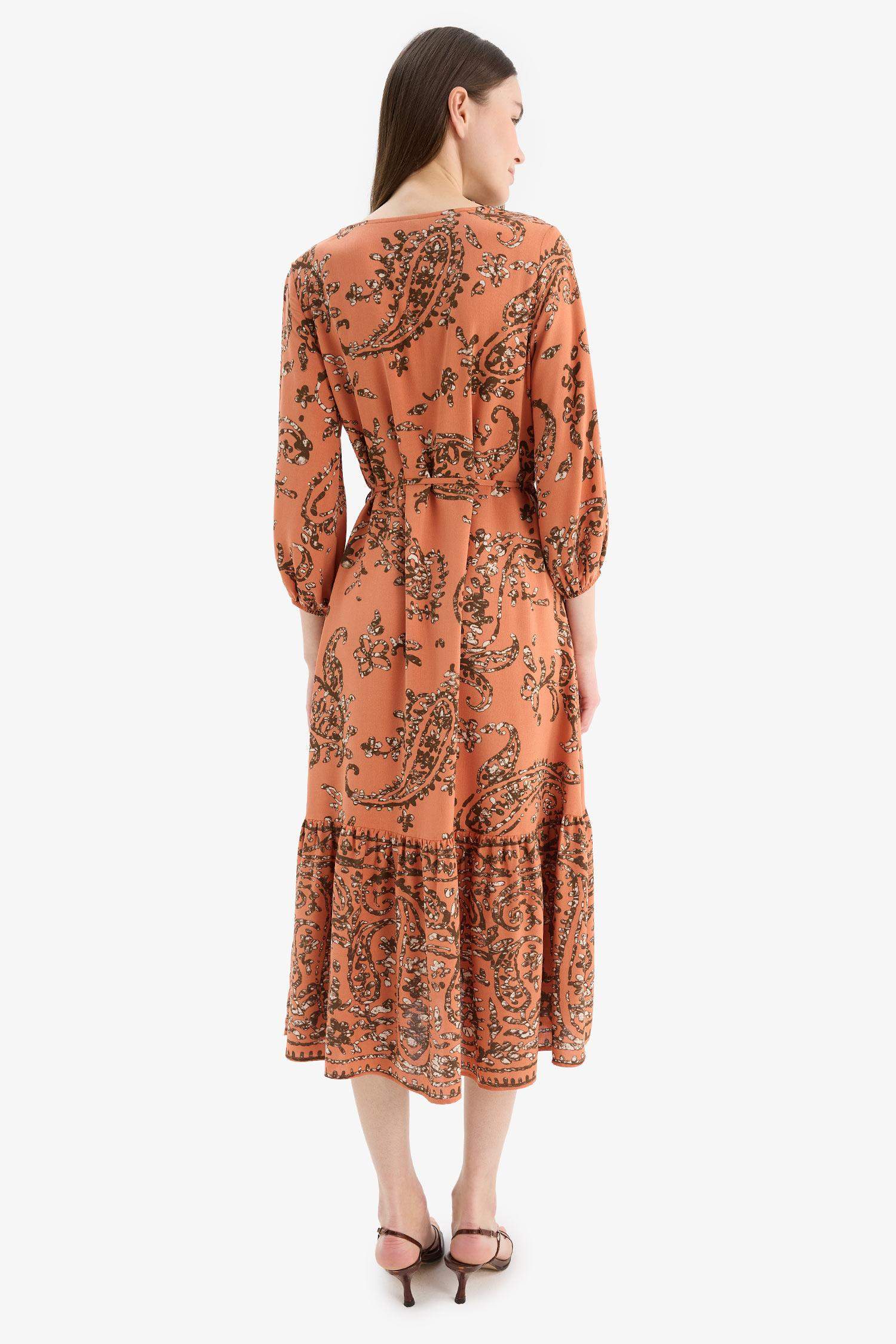 Regular Fit V Neck Floral Patterned Half Sleeve Midi Dress