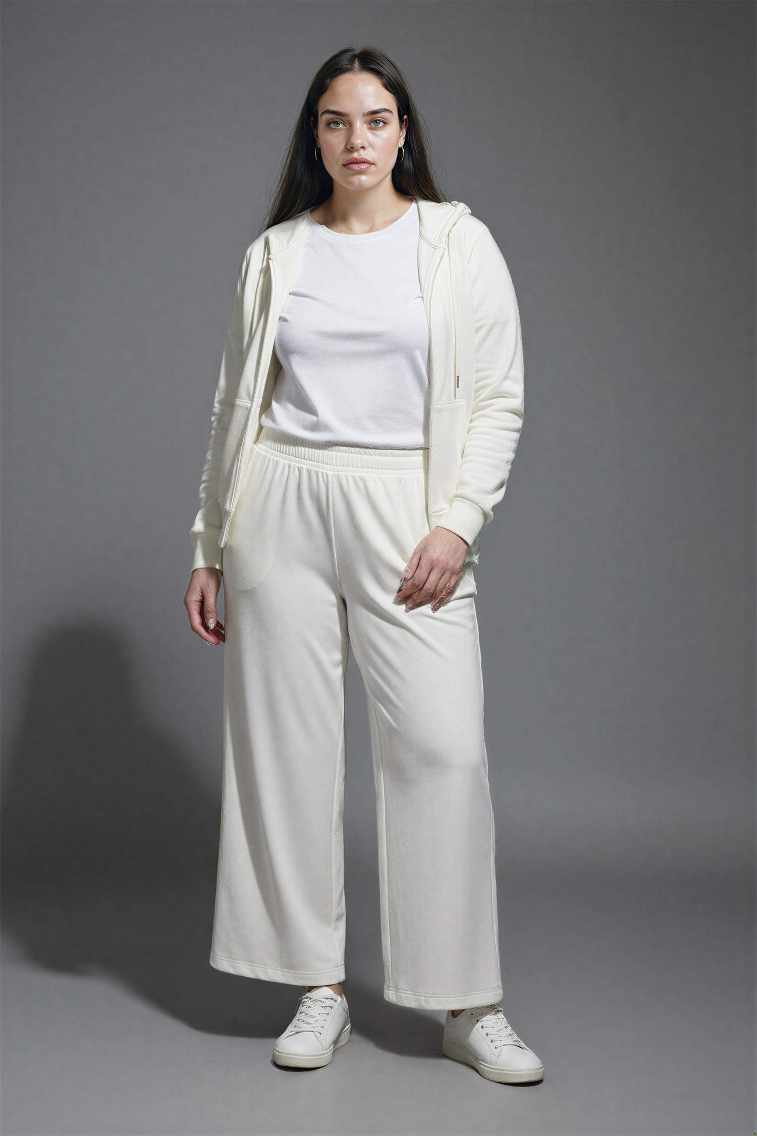 Wide Leg Cep Detaylı Beli Lastikli Düz Paça Beyaz Pantolon