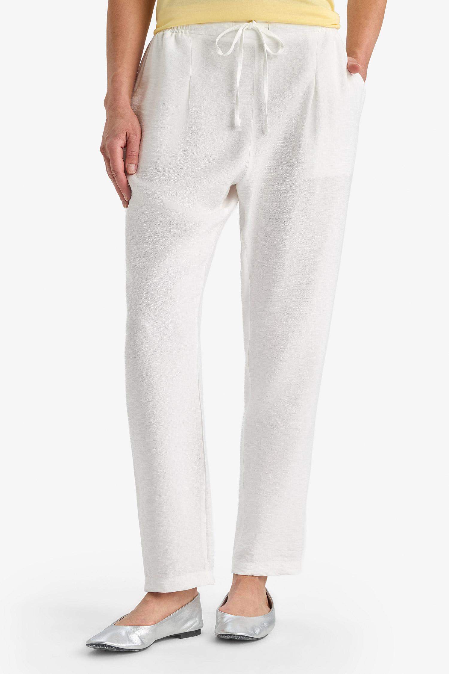Wide Leg Elastic Waist Straight Leg White Trousers