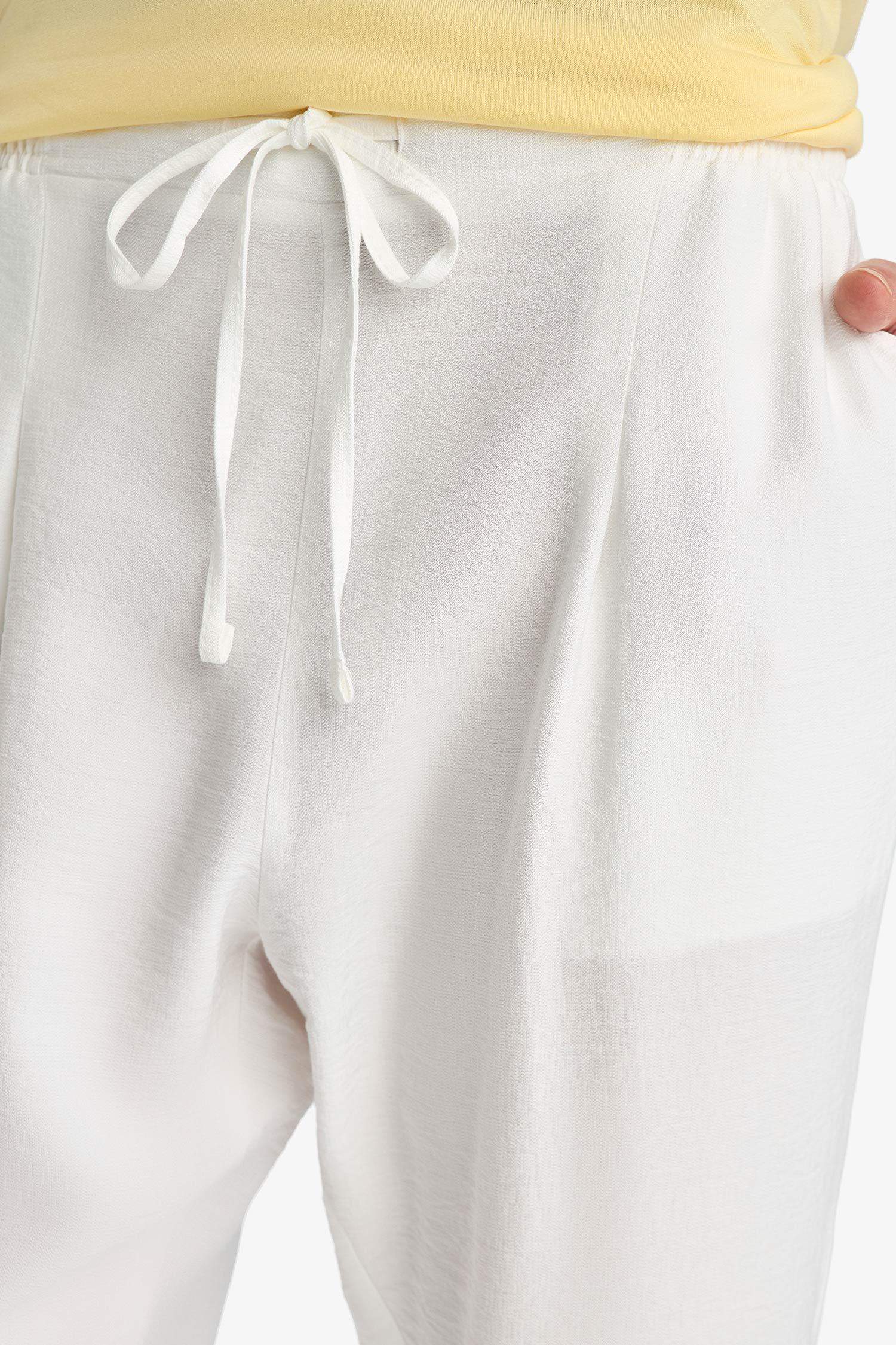 Wide Leg Elastic Waist Straight Leg White Trousers