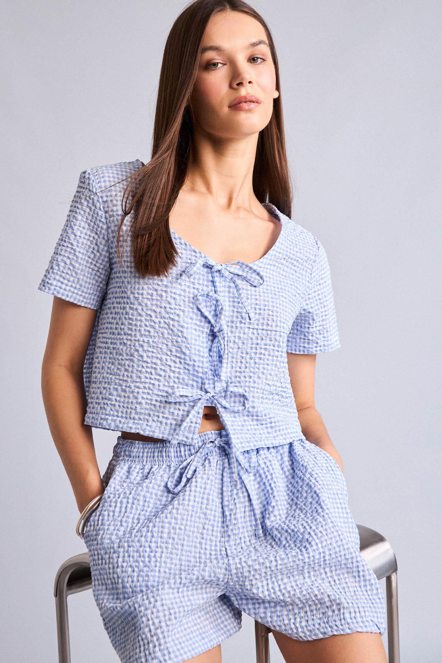 DeFacto Regular Fit Kısa kollu Kırışık Dokulu Bluz görsel 5