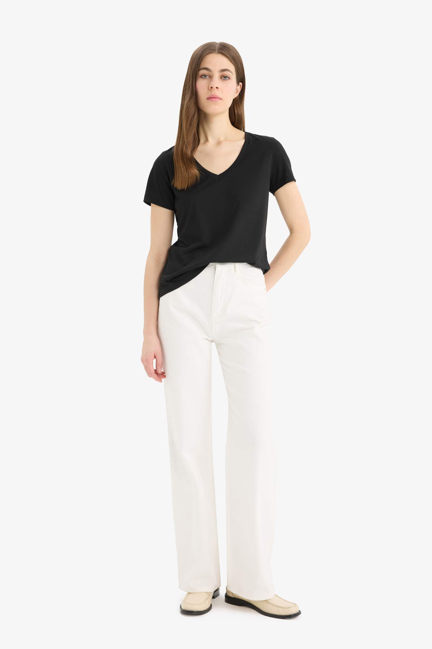 Regular Fit V Yaka Basic Düz 2'li Tişört 