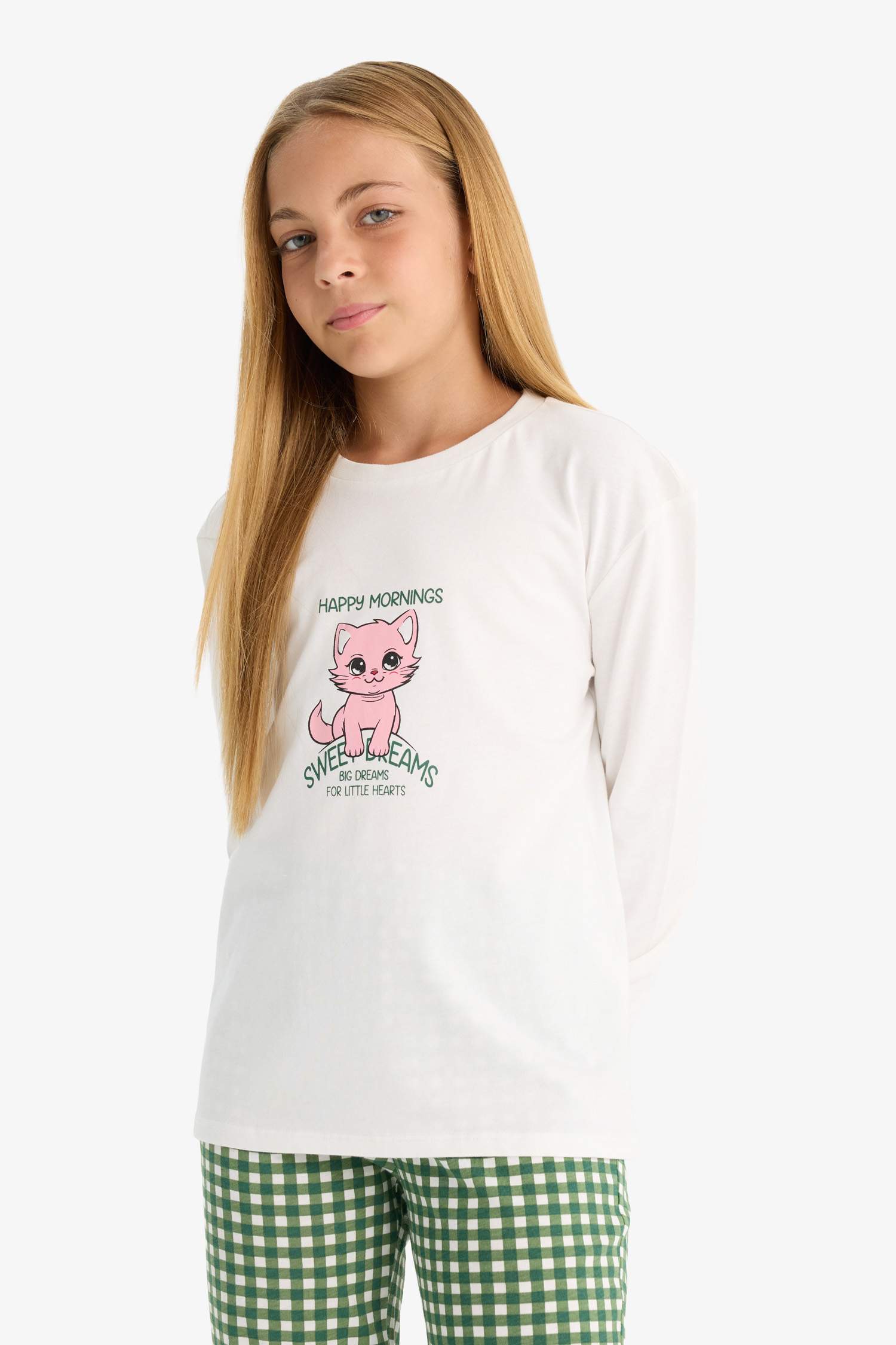 Kız Çocuk Pijama Takımı Baskılı Uzun Kollu Üst Kareli Uzun Alt