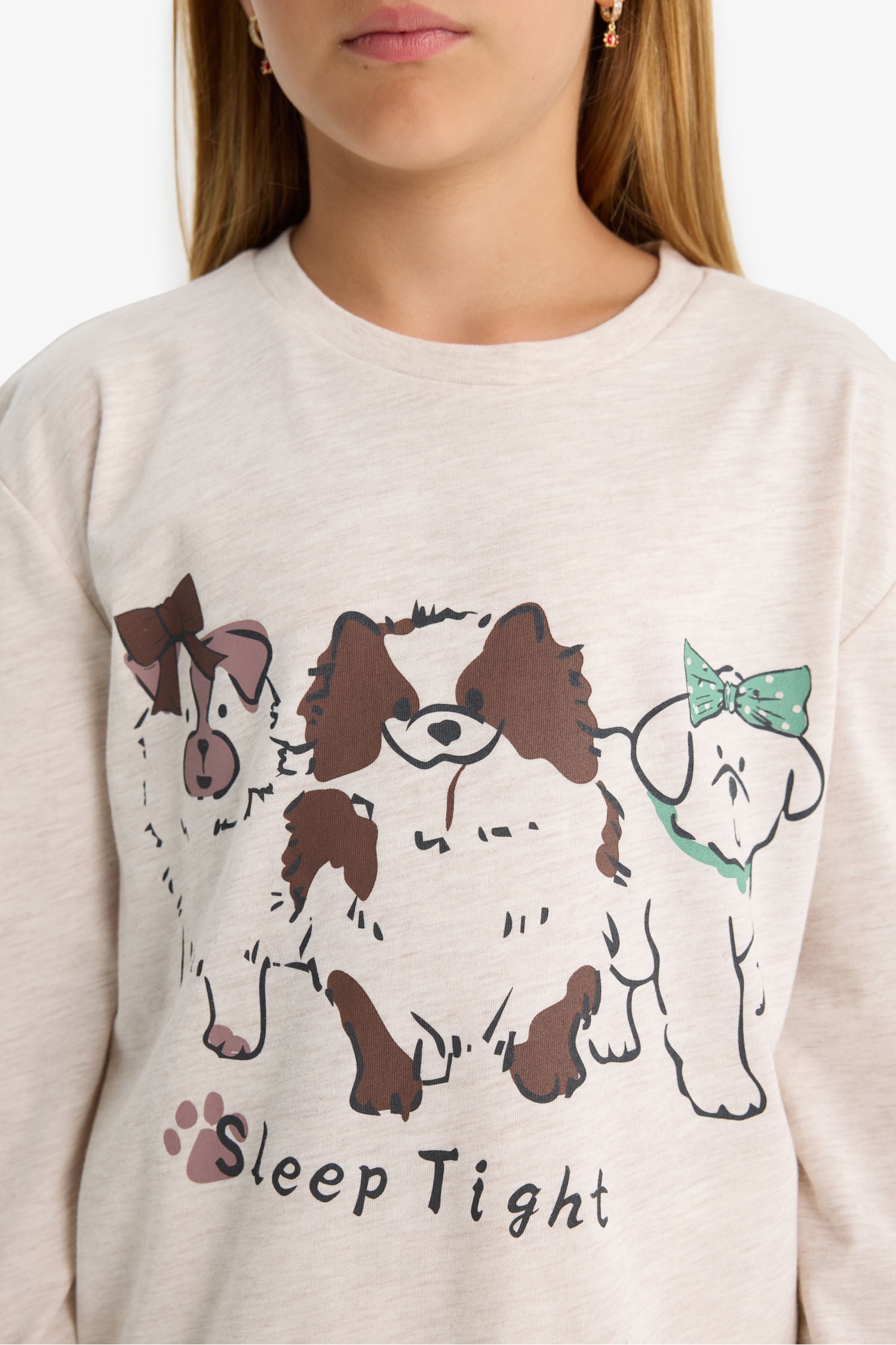 Kız Çocuk Pijama Takımı Köpek Baskılı Uzun Kollu Üst Desenli Uzun Alt 