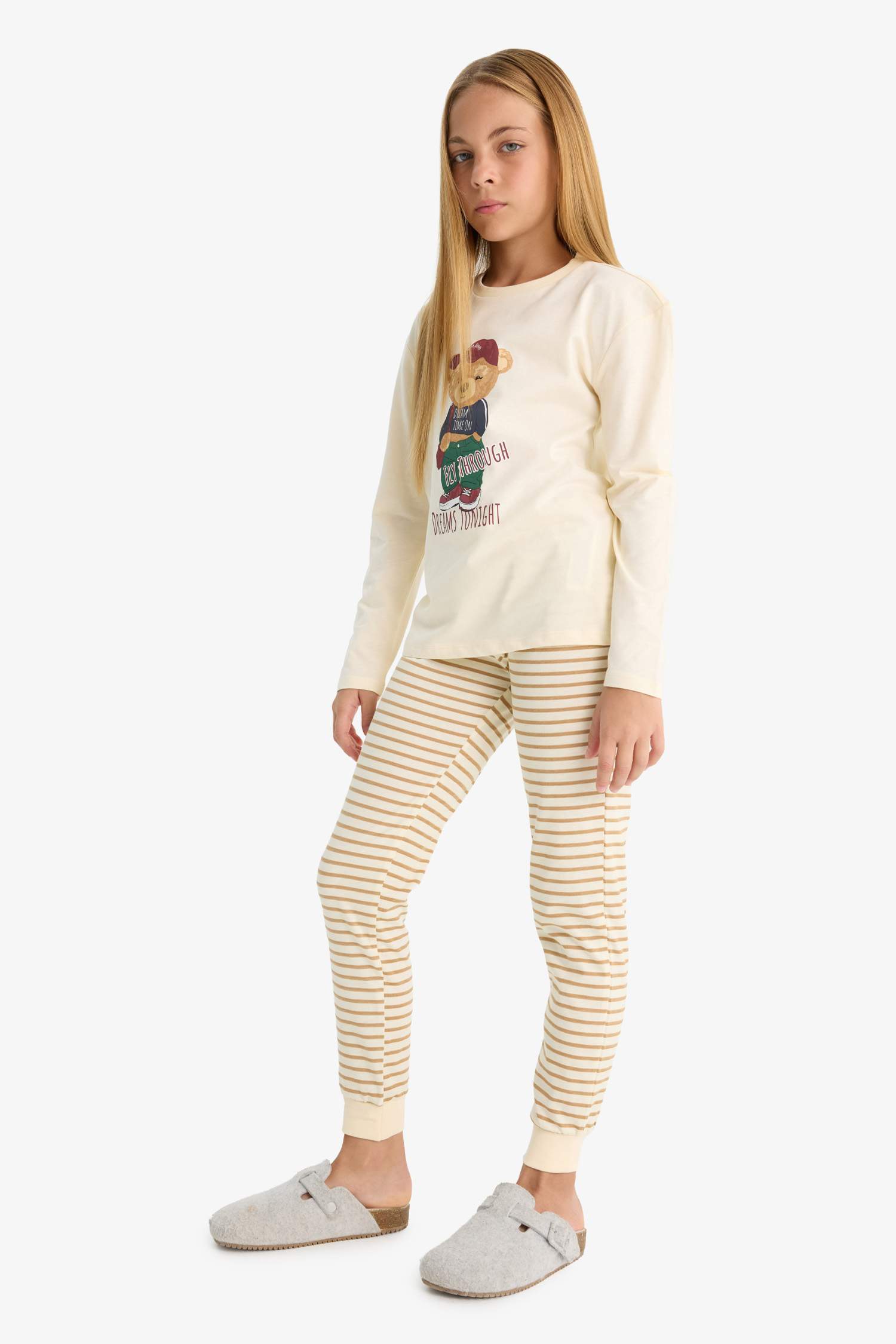 Kız Çocuk Pijama Takımı Baskılı Uzun Kollu Üst Çizgili Uzun Alt