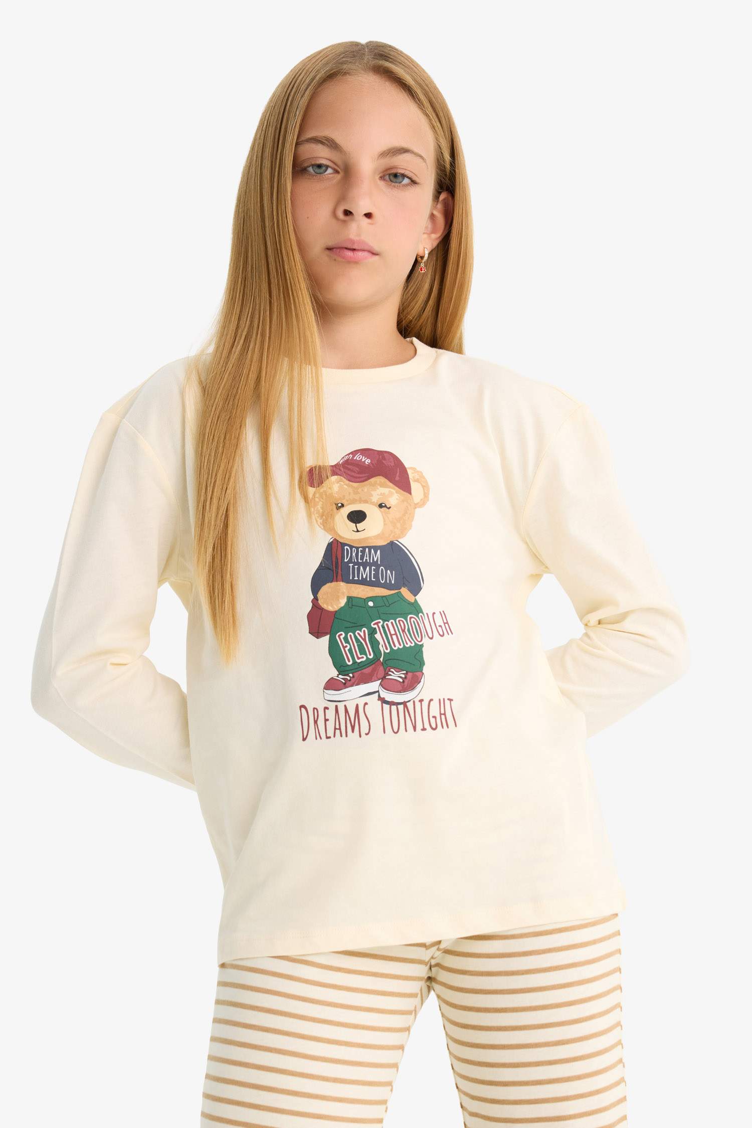 Kız Çocuk Pijama Takımı Baskılı Uzun Kollu Üst Çizgili Uzun Alt