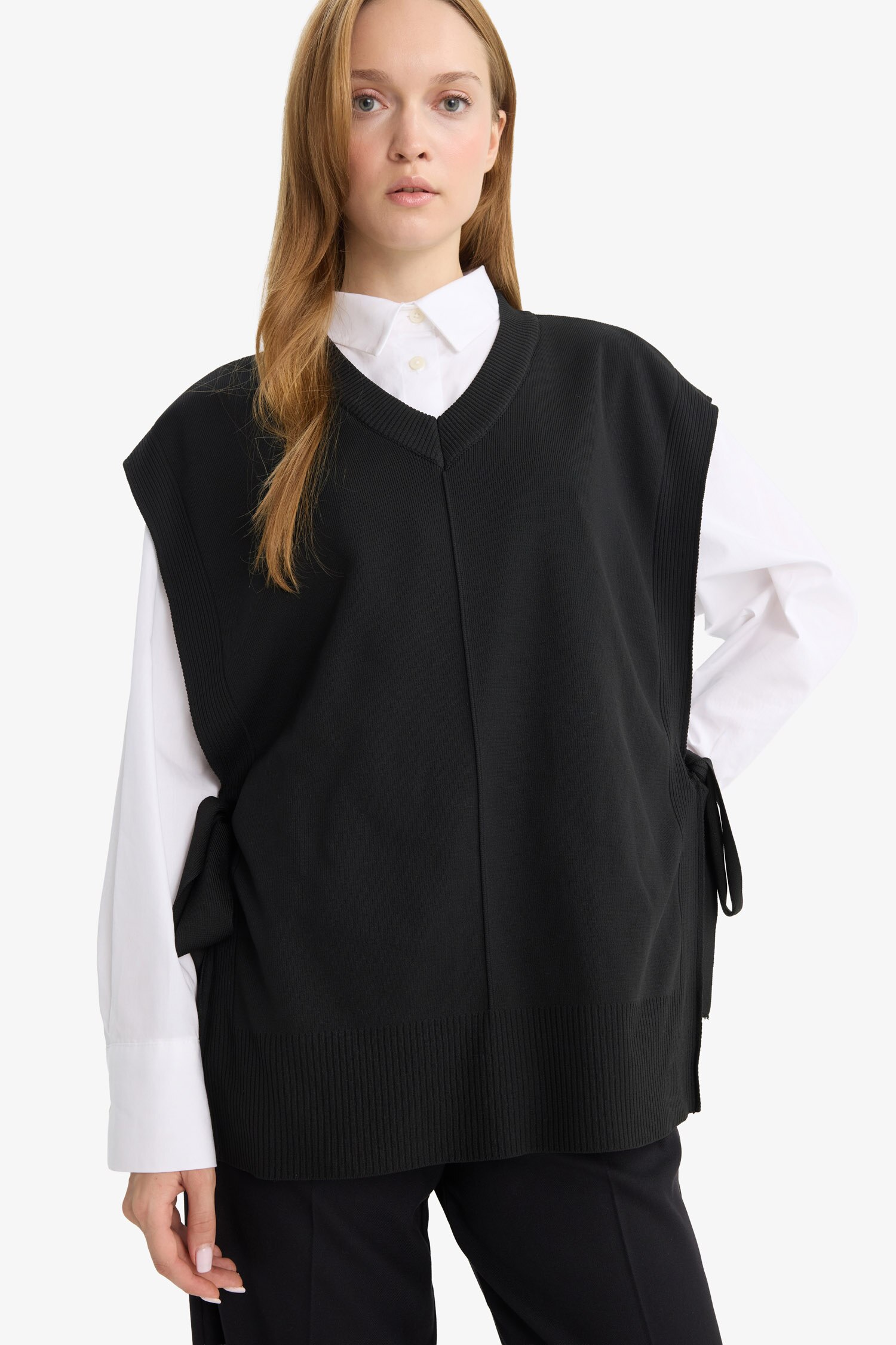 Pull Sans Manches Femme à Col Montant Et Lien à Nouer - 100% Polyester, Coupe Ample, Couleur Abricot, Taille XL