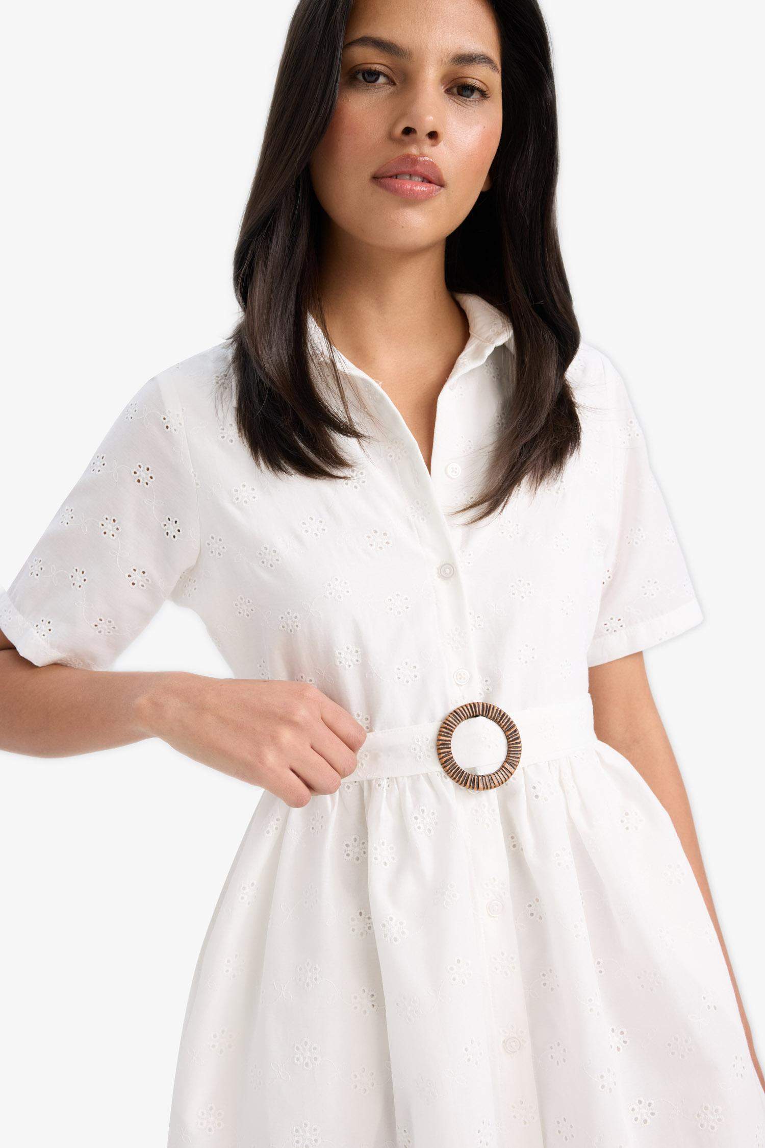 Shirt Collar Belted Embroidered Short Sleeve Mini Dress