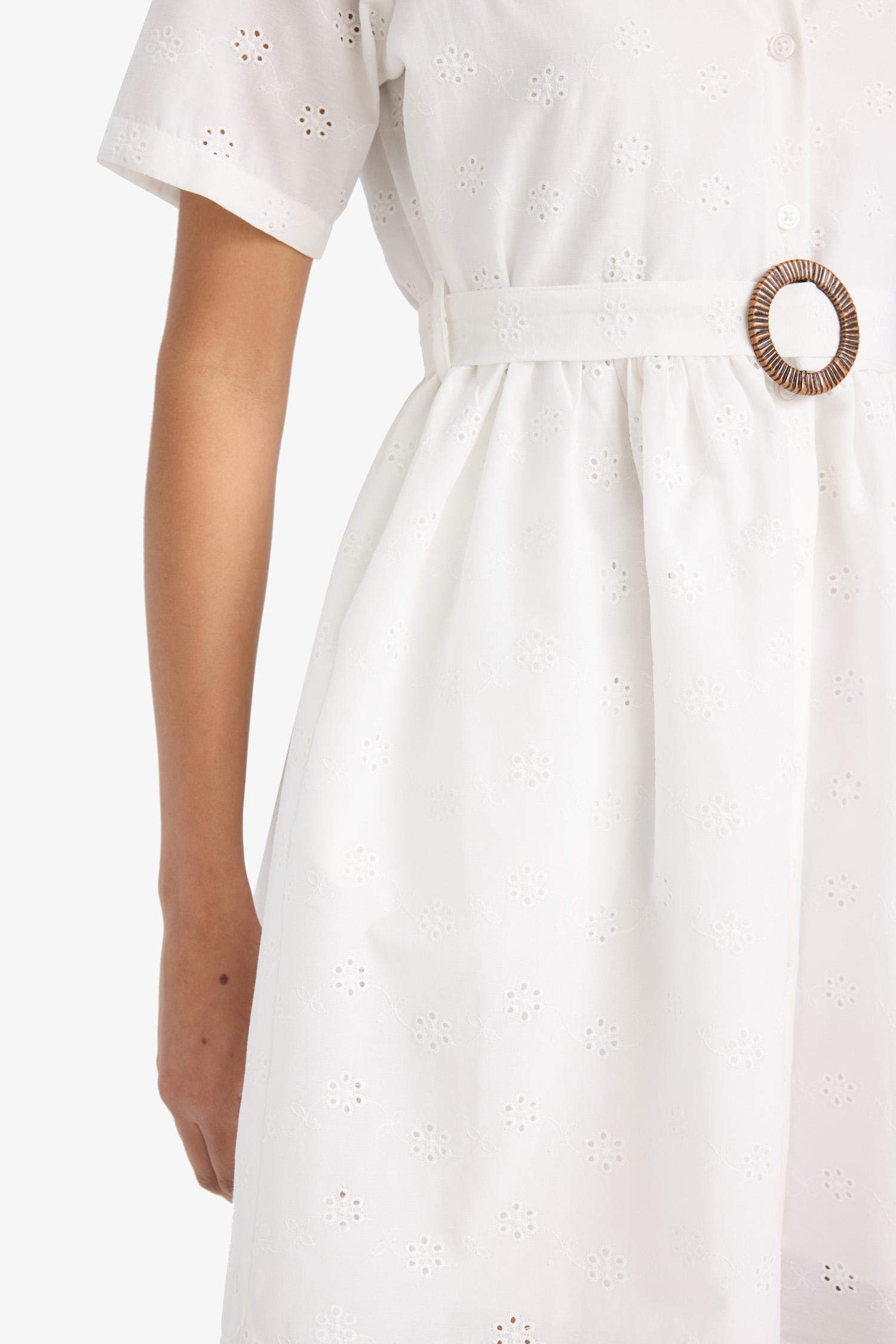 Shirt Collar Belted Embroidered Short Sleeve Mini Dress