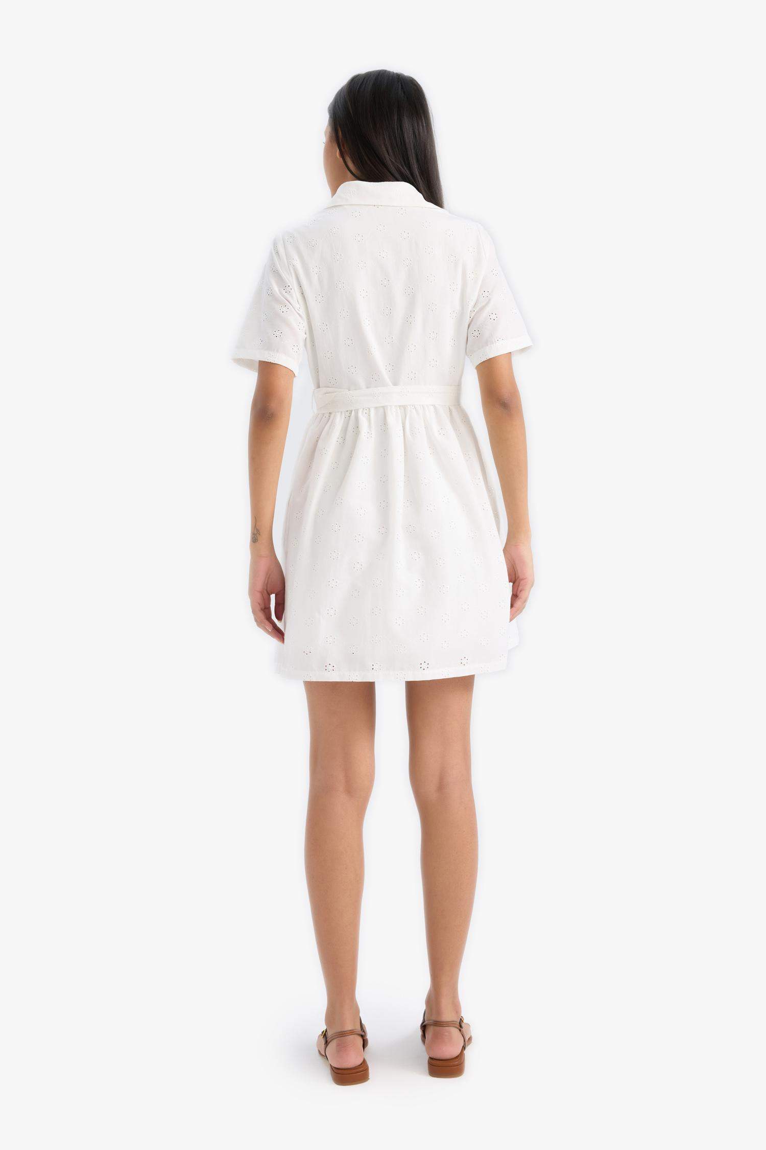 Shirt Collar Belted Embroidered Short Sleeve Mini Dress