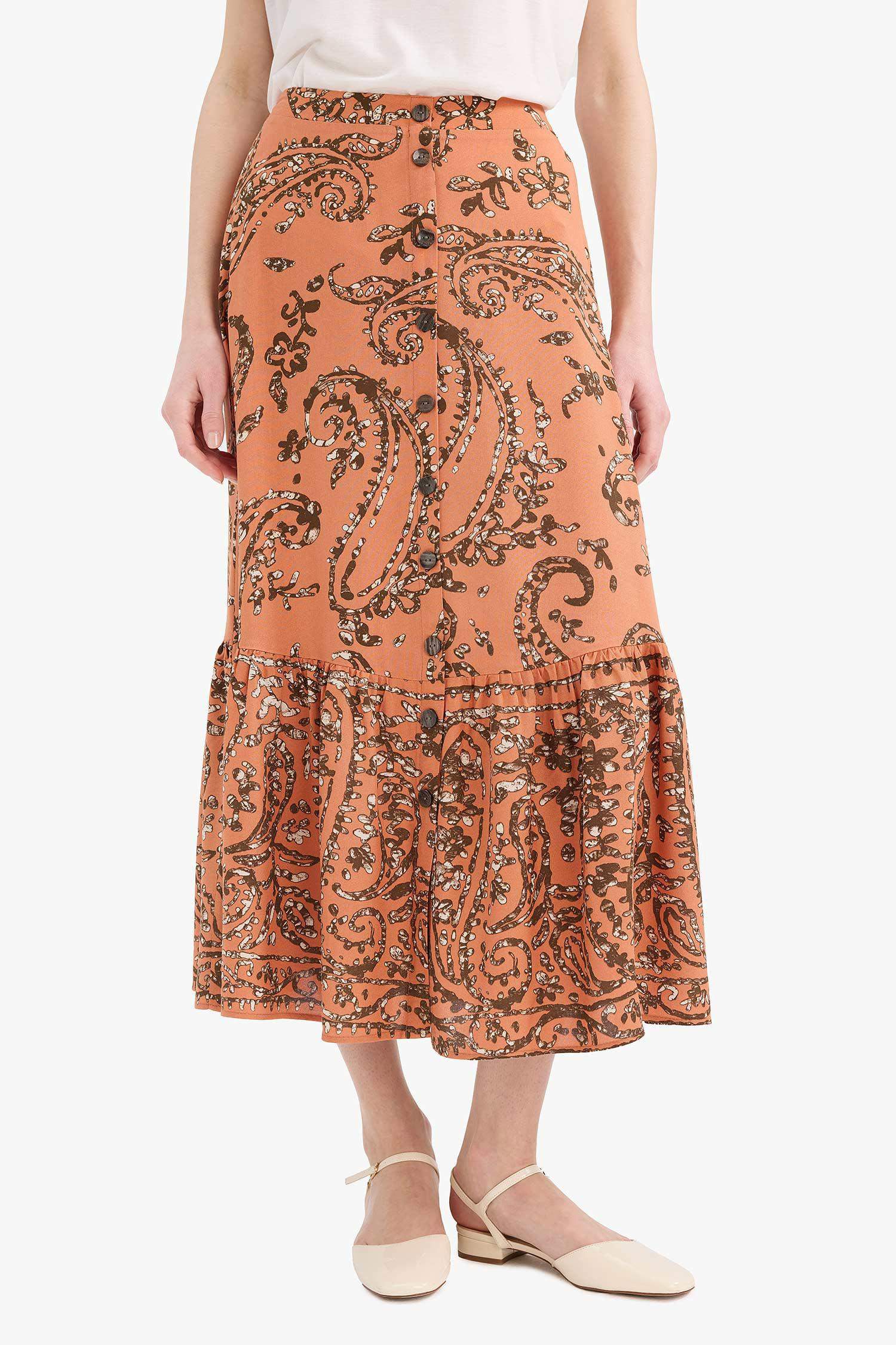 Regular Fit Beli Lastikli Desenli Midi Etek