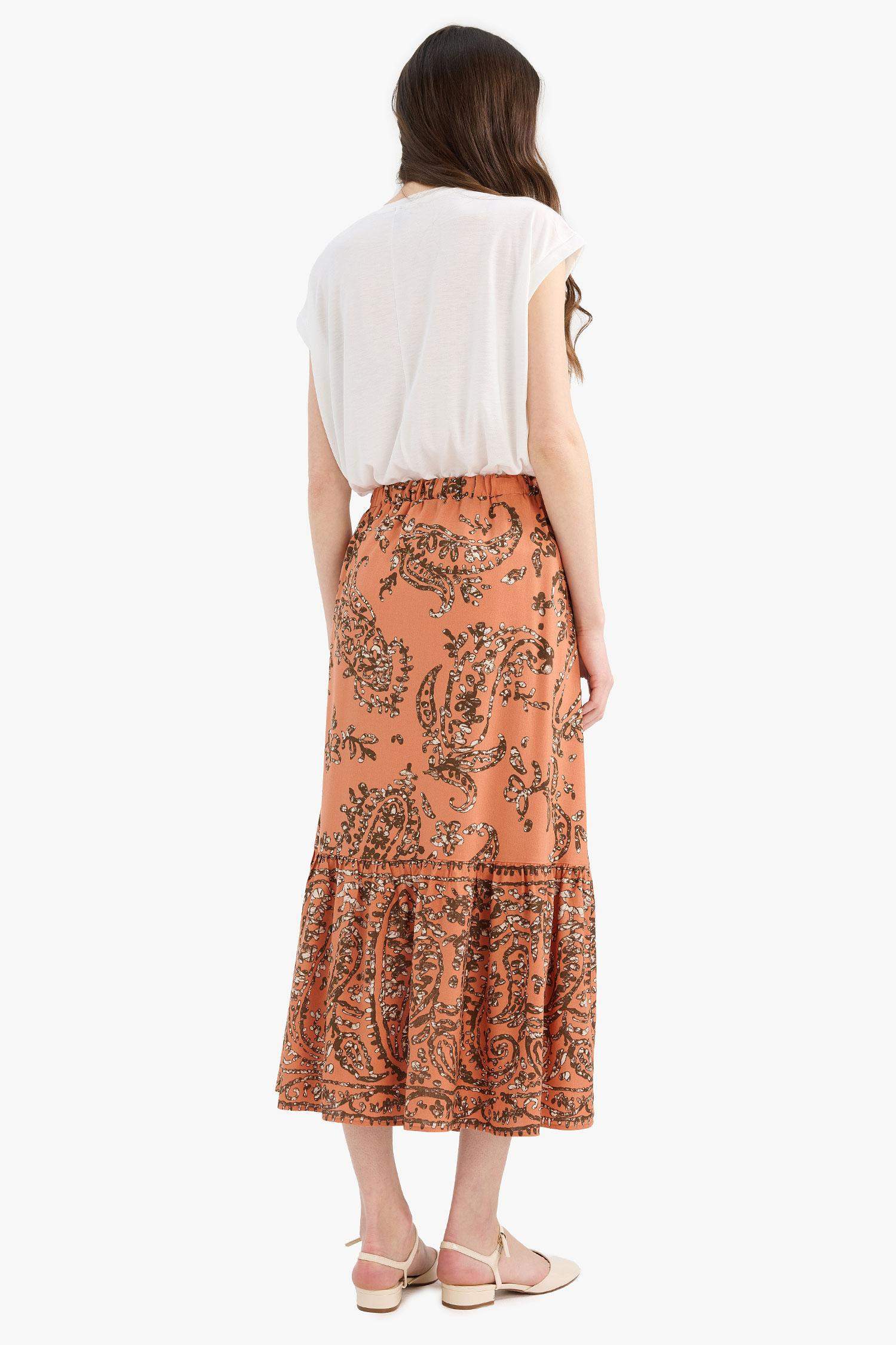 Regular Fit Beli Lastikli Desenli Midi Etek