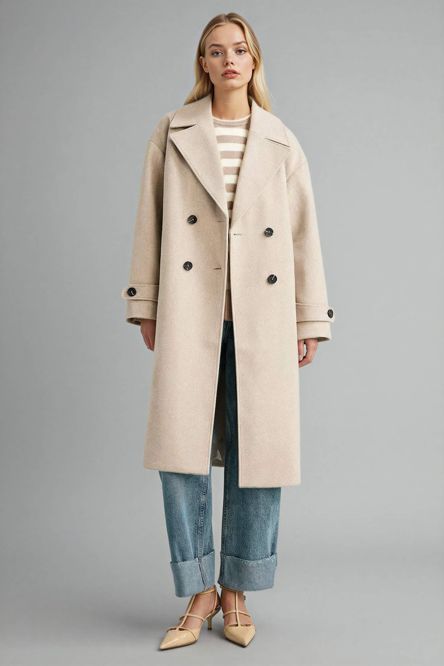 Regular Fit Düğmeli Uzun Kaşe Kaban