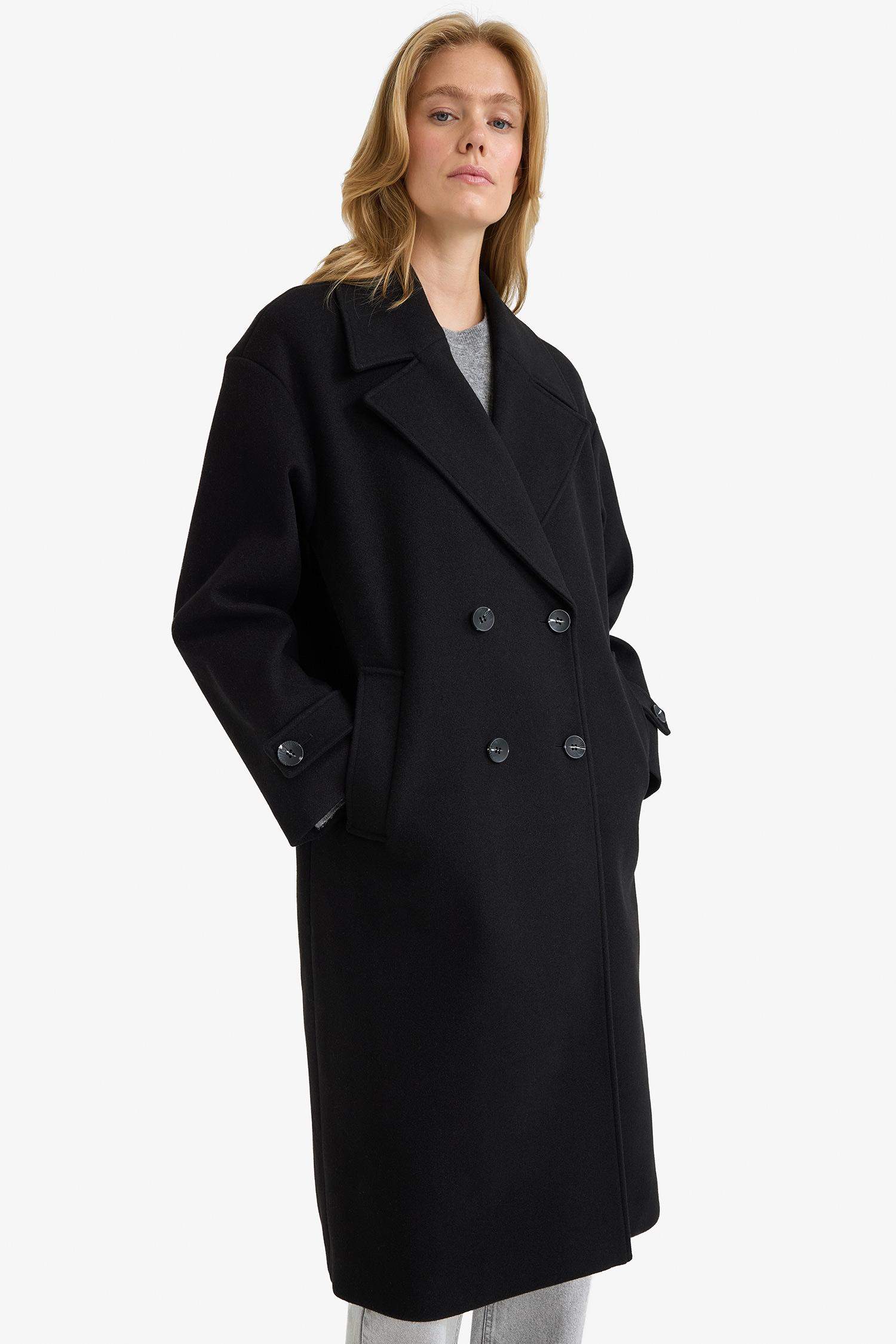 Regular Fit Düğmeli Uzun Kaşe Kaban