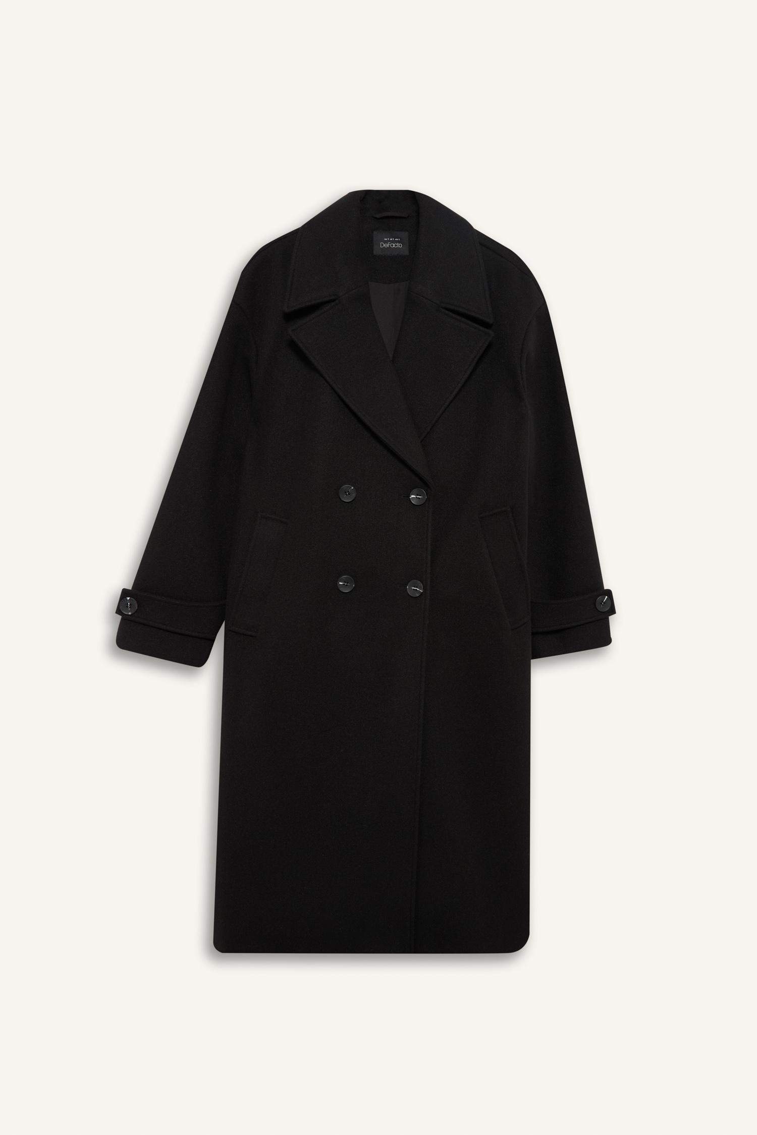 Regular Fit Düğmeli Uzun Kaşe Kaban